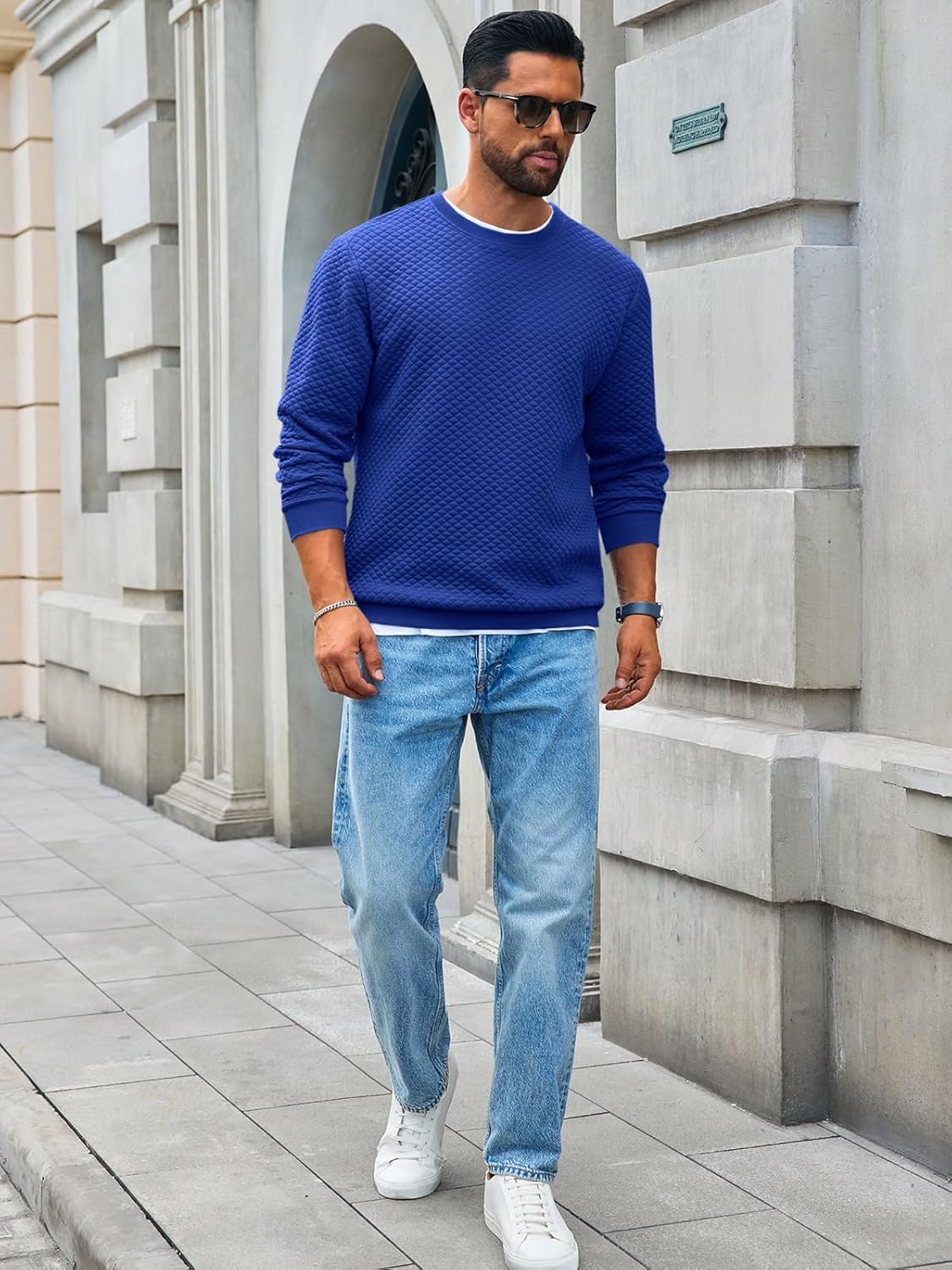 Runcati Mens Crewneck Sweatshirts Quilted Diamond Textured Pullover Long Sleeve Casual Fashion Sweatshirt - Image 4