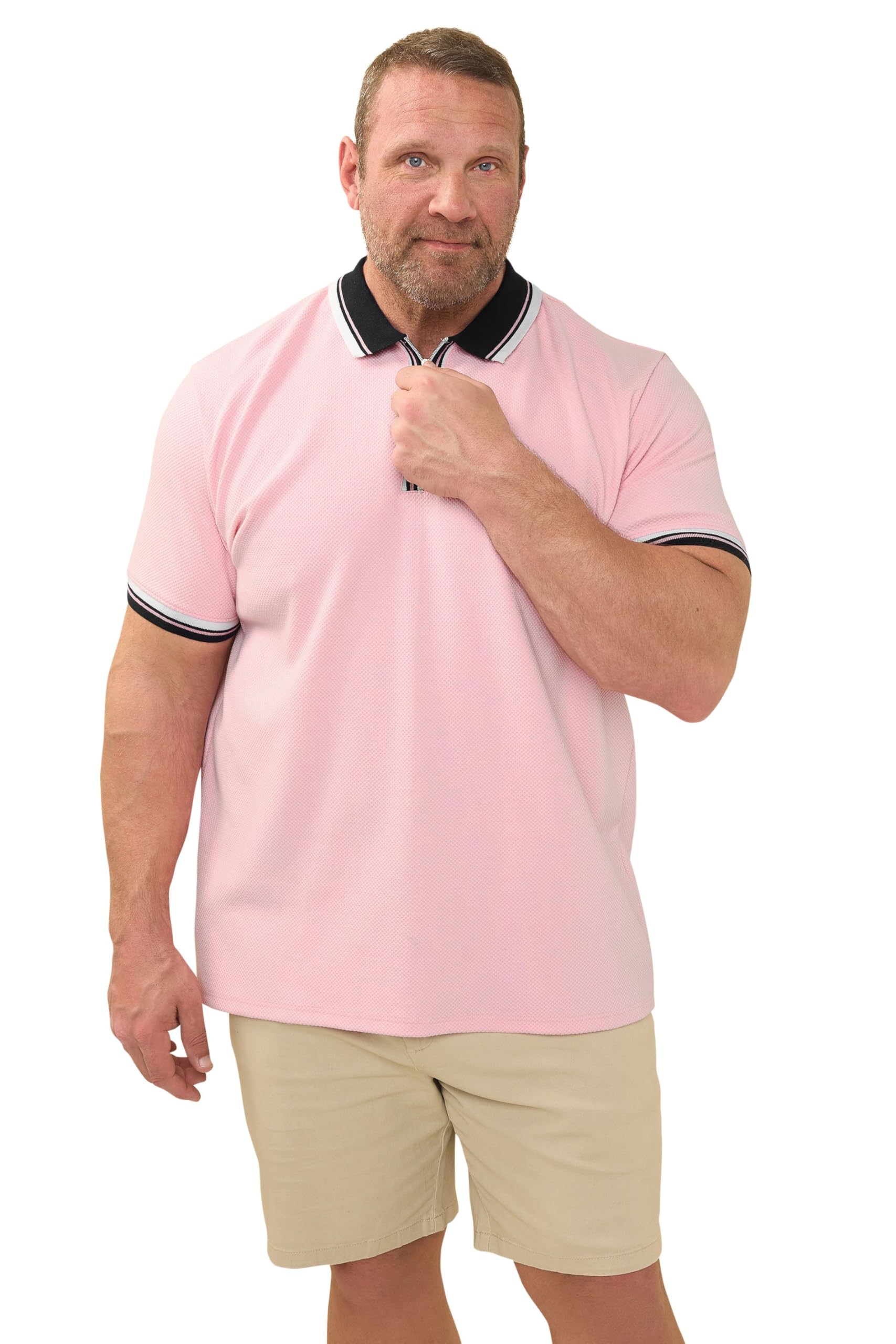 BadRhino Big & Tall Seersucker Textured Zip Polo Shirt - Men's - Plus Size Curve Pink