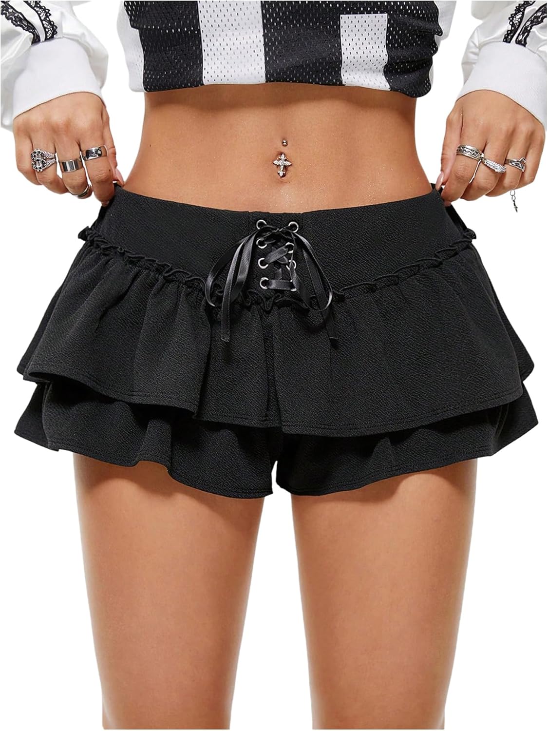 SOLY HUX Women's Layered Ruffle Lace Up Shorts Low Rise Wide Leg Mini Y2k Going Out Shorts