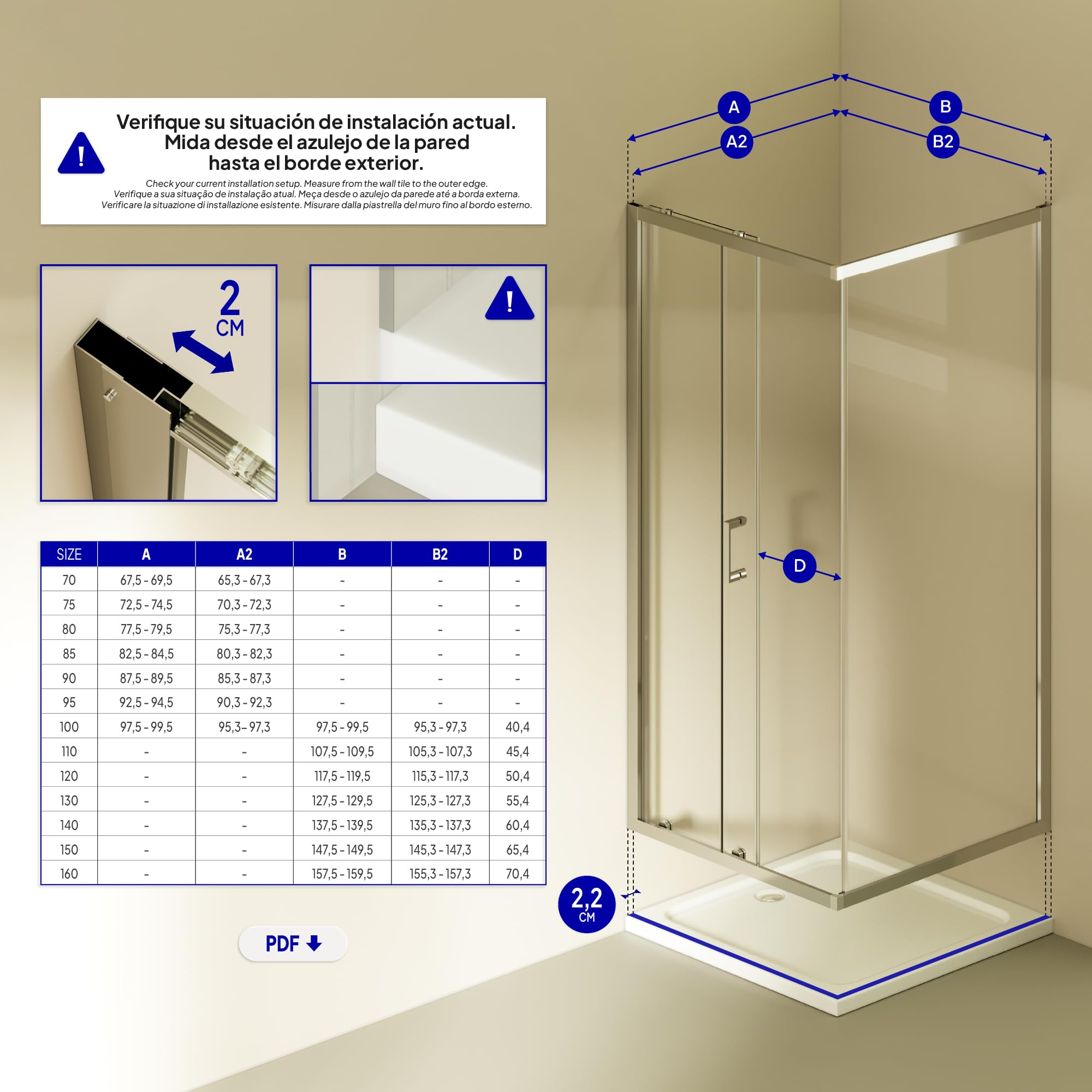 Mampara de Ducha Dora 100x100x190cm, REVERSIBLE, Puerta Corredera, Ajuste 97.5-99.5x97.5-99.5cm, Perfiles Cromados, Cristal Templado Transparente 6mm