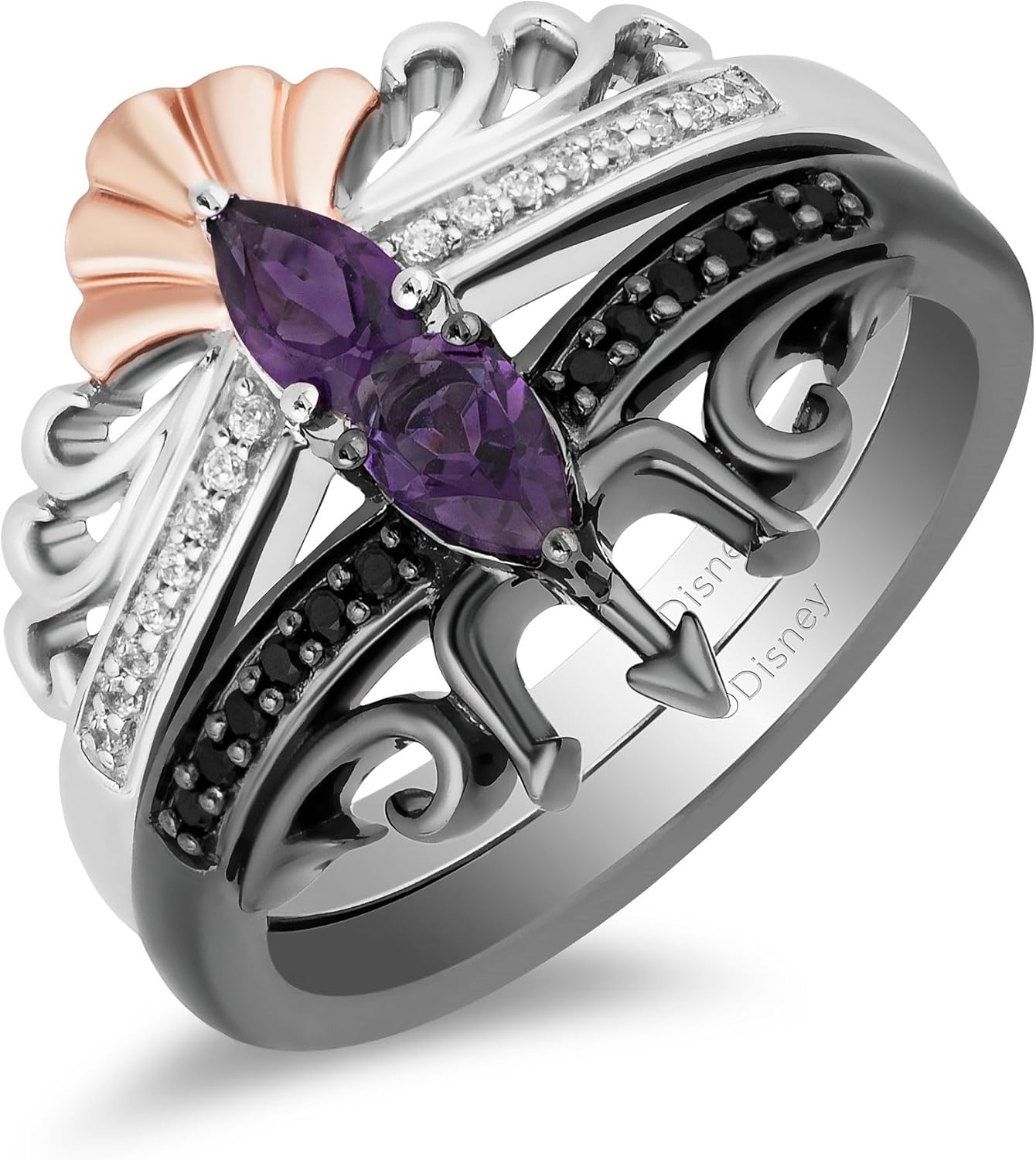 Jewelili Enchanted Disney Fine Jewelry Black Rhodium & 14K Rose Gold Over Sterling Silver 5x3 MM Pear Amethyst with 1/6 Cttw Treated Black & Natural White Round Diamonds Ariel and Ursula Villains Duo Ring