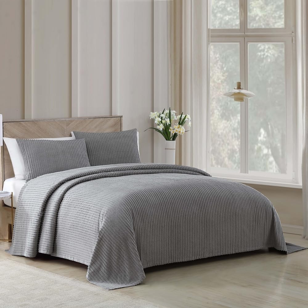 1 Piece Lightweight 100% Cotton Tufted Chenille Bedspread Queen Size Textured Channel Stripe Design | All Seasons Dark Grey Color Shabby Chic Bedding Western Aesthetic Look Soft Plush Cozy