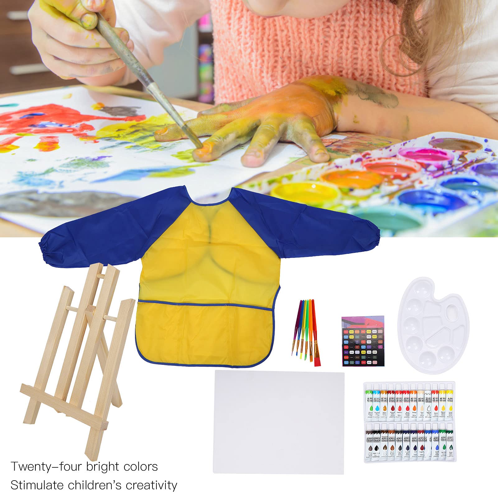 Changor Set di Materiali per Pittura Acrilica per Bambini, Kit Artistico Completo con Pennelli, Tavolozza e Cavalletto per Divertimento Creativo, 24 Colori Non Tossici