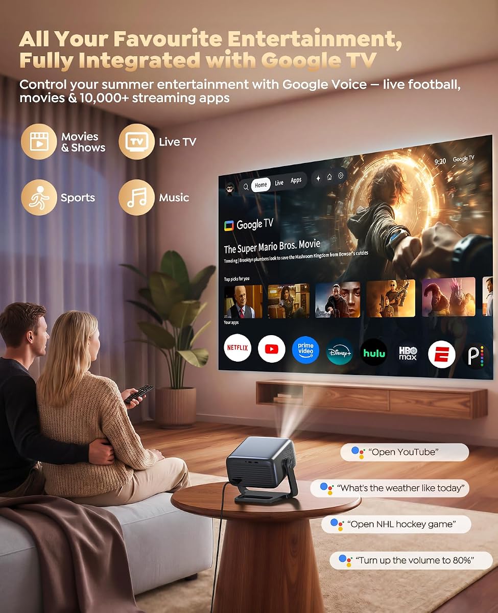 Smart 4K Projector [Google TV Stick Built-in & 360° Stand] with WiFi 6, Bluetooth 5.3, HDR10, 30W Hi-Fi, AI Auto Focus, Outdoor Portable Short Throw Movie Projector for Home Theater Bedroom Ceiling Black image 1