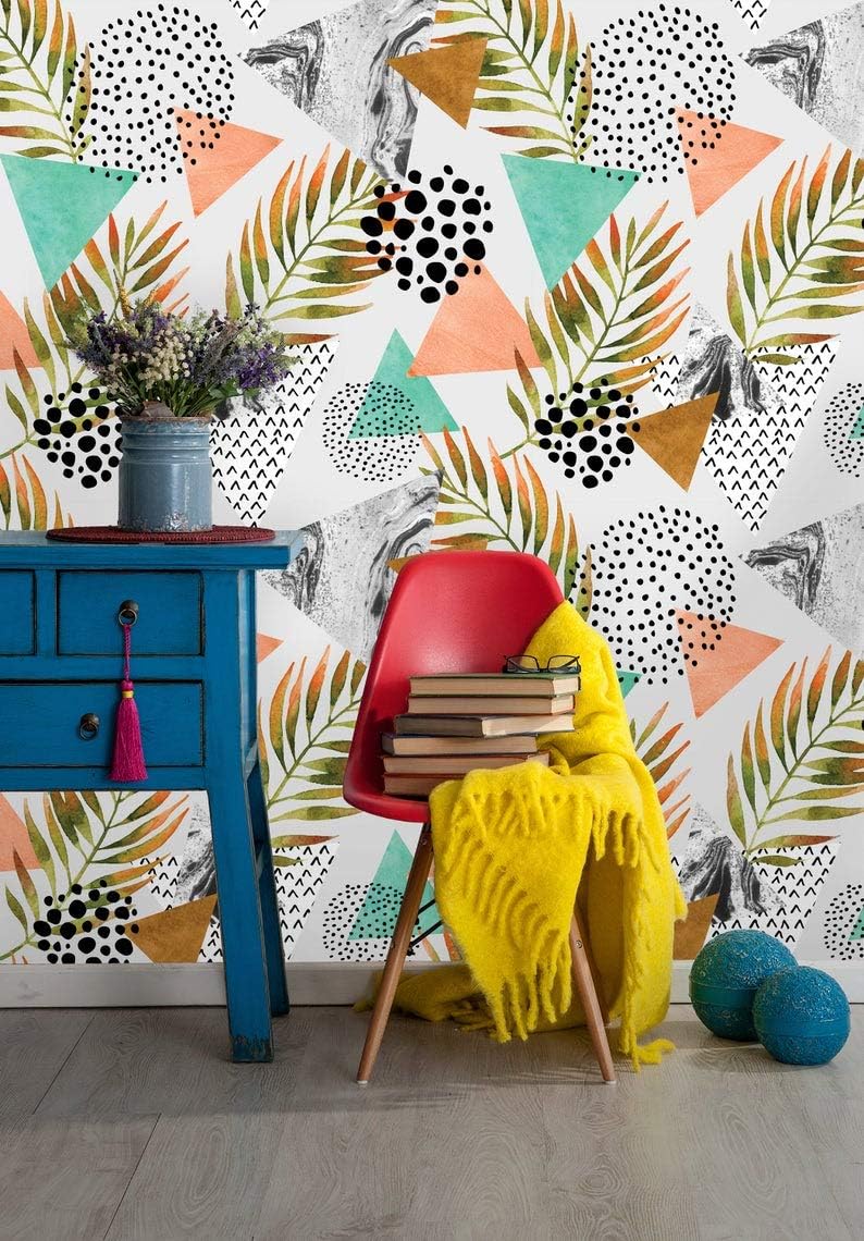 Removable Wallpaper | Peel and Stick Geometric Wallpaper | Self Adhesive Abstract Wallpaper | Palm Leaf and Marble (24" W x 96" H Inches)
