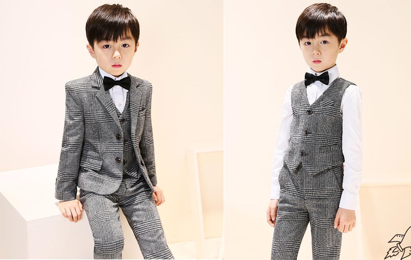 Kromoc Boys' Houndstooth Three-Piece Suit Notch Lapel Tuxedos Wedding Banquet Formal Prom