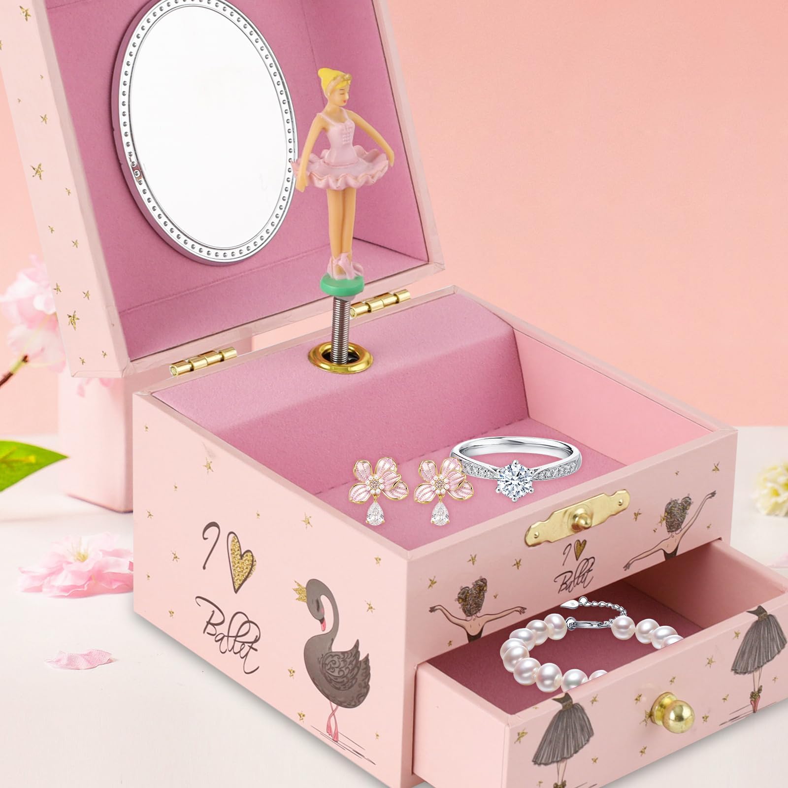 Boîte à Bijoux Musicale Ballerine Pour Filles - Boîte à Musique Avec Miroir - Cadeau Parfait Pour Petites Filles