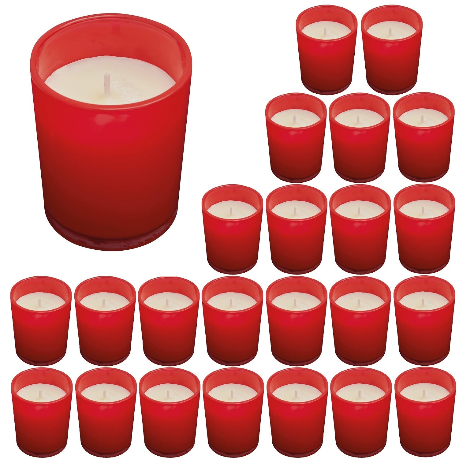 Preiswert&Gut Kerzen im Glas rot 25er Set mit langer Brenndauer für Tischdekoration Wohnraum und Feste dekorative Wachs Dekokerzen Durchmesser 5,5 cm Höhe 6,6 cm