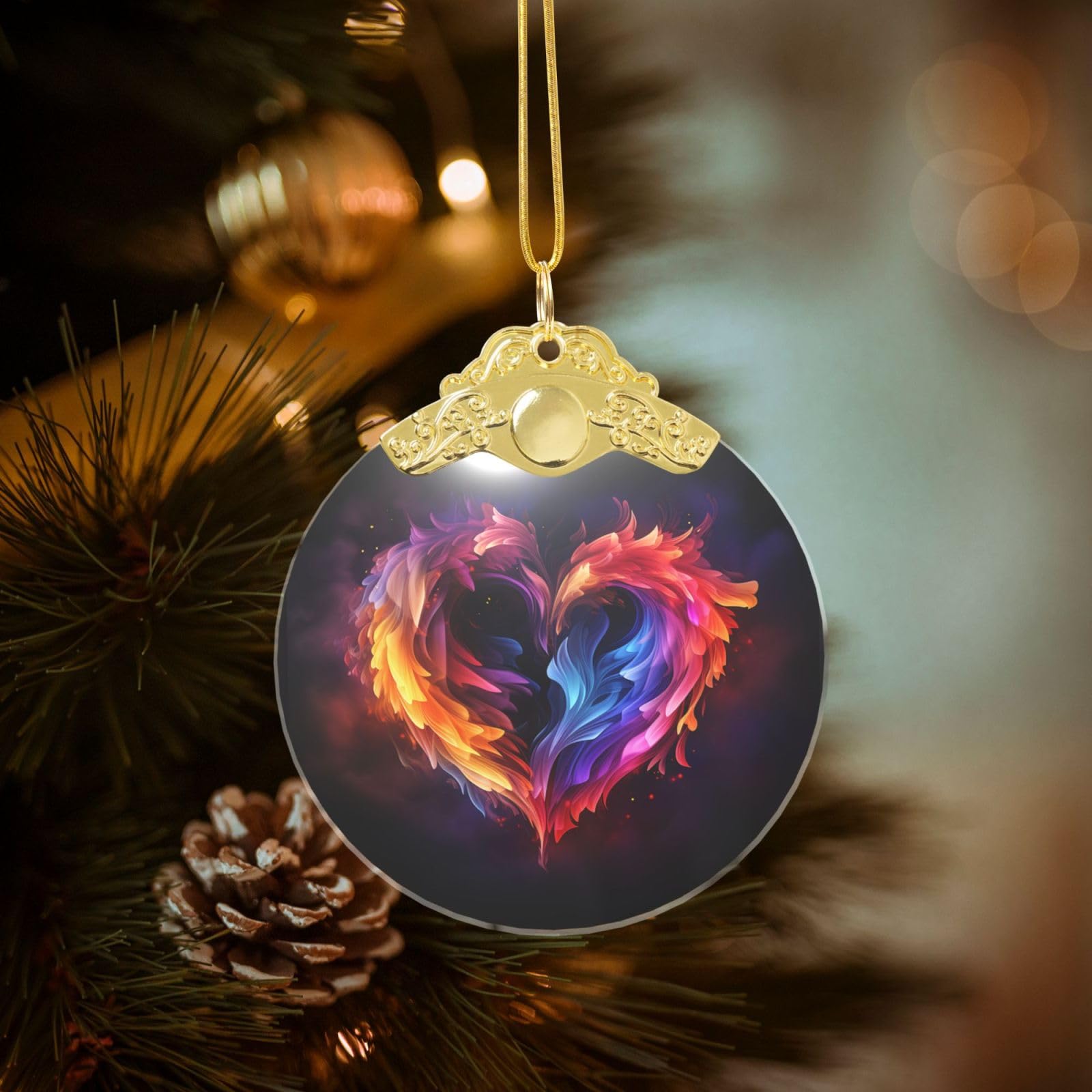 Crystal Christmas Ornaments for Christmas Tree Decoration Hanging Rainbow Heart Ornament with Gold Ribbon Crafts Round Pendant for Keepsake Gifts Glass Xmas Decor Party Supplies