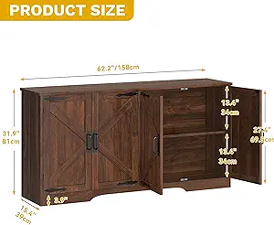 DWVO 62'' Sideboard Buffet Cabinet, Farmhouse Coffee Bar Cabinet with Large Storage, Kitchen Sideboard with Adjustable Shelves for Living Room, Entryway, Kitchen, Dark Walnut