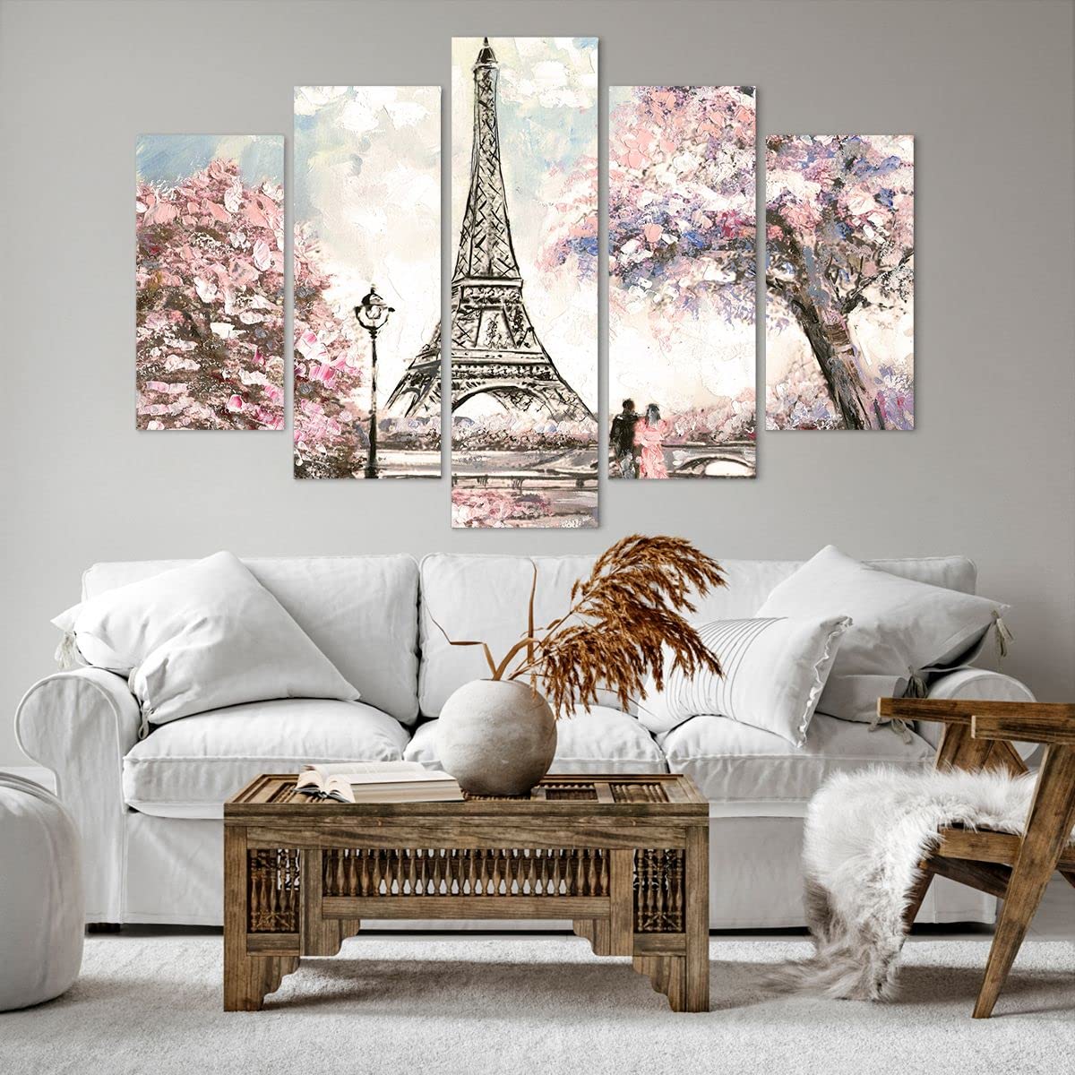Bilder auf Leinwand 150x100cm Leinwandbild Bäume Eiffle Paar Frankreich Groß XXL Wanddeko Bild Schlafzimmer Set 5 teilige Wandbilder Dekoration Wohnzimmer Canvas Wand Kunstdruck Art EA150x100-3147