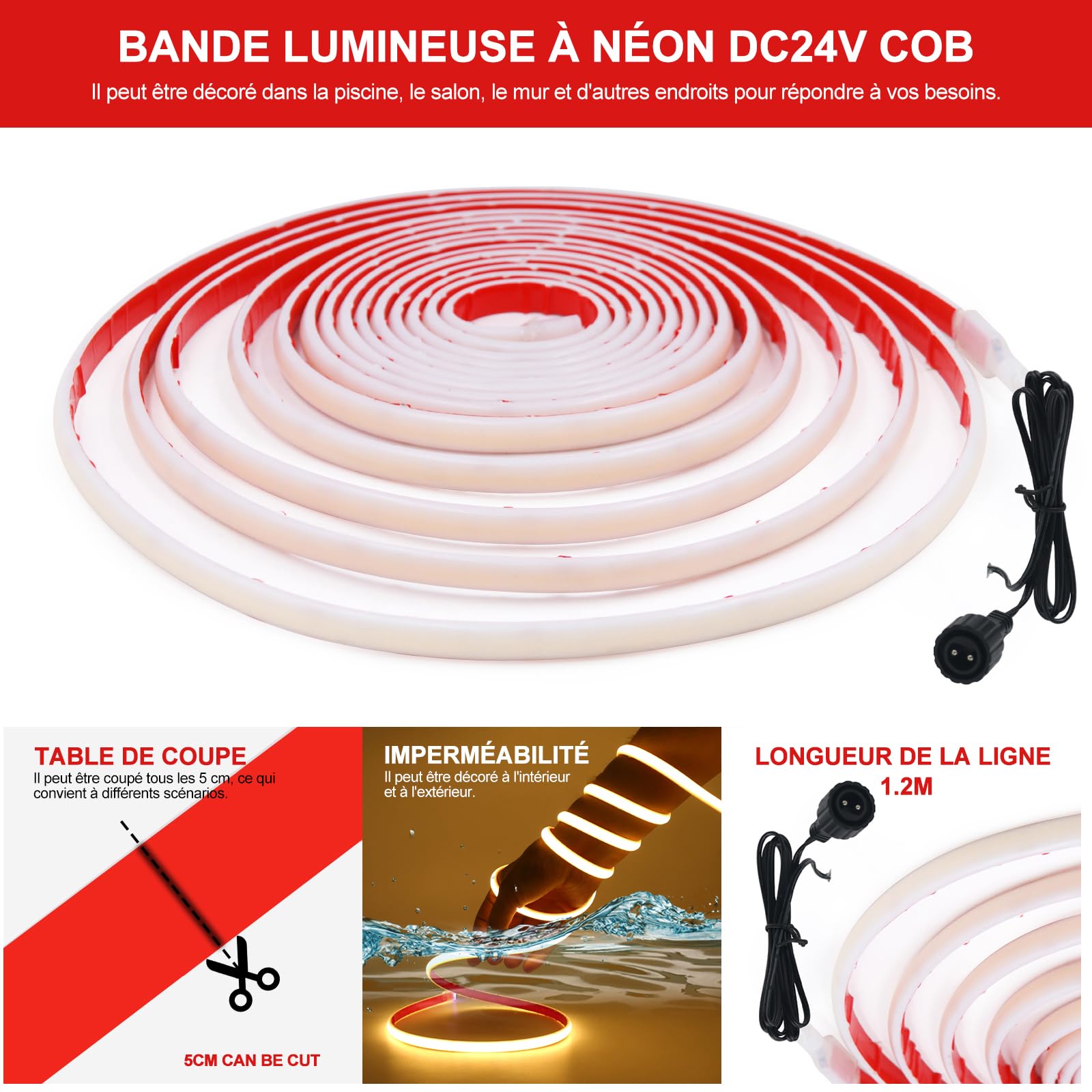 Bandes Led Solaires 24V Pour Extérieur, Haute Luminosité Néon Avec 320 Led/m, 8 Modes, Étanche, Batterie 7200mah, Parfait Pour Jardin, Cour Et Balcon (Chaud, 10M)