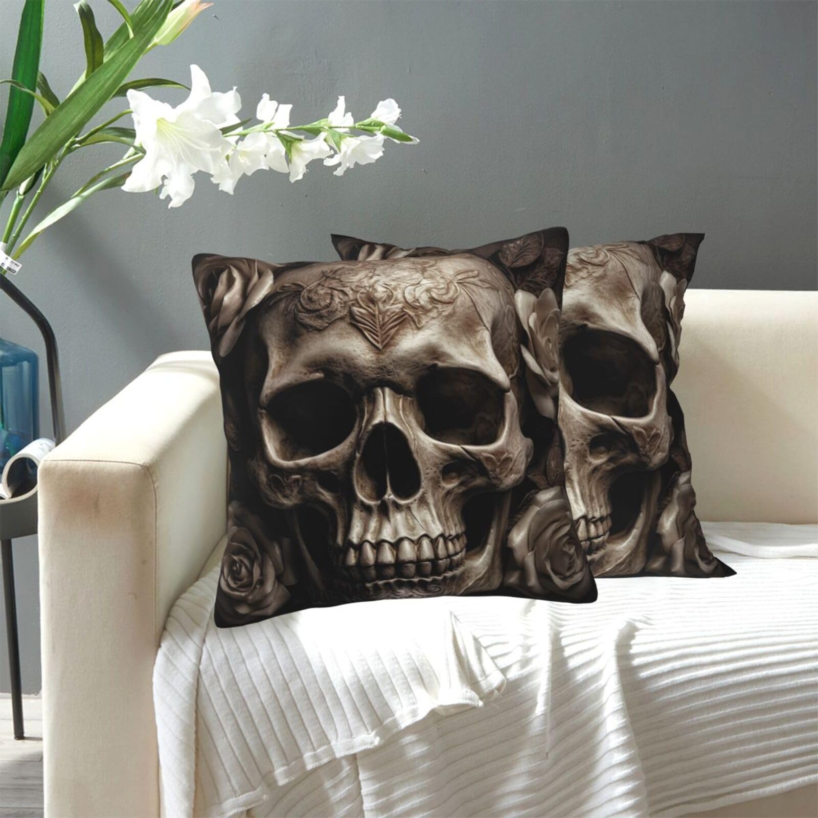 FekiLoot Decorative Throw Pillow Covers Modern Farmhouse Pillowcase Double Sided Cozy Cushion Cover for Sofa Couch Bed 20"X20" Leather Rose Skull