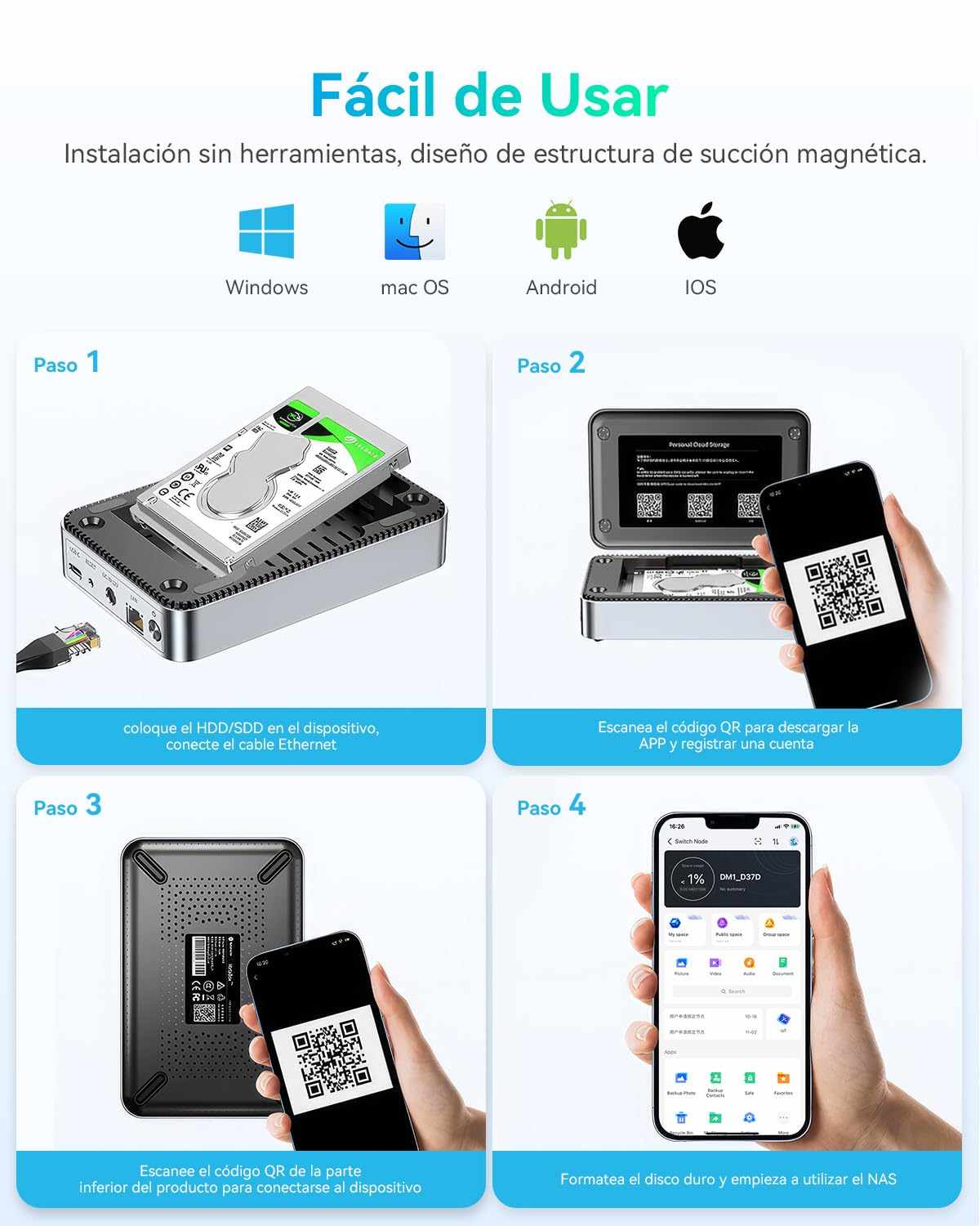 Yottamaster Servidor NAS Enclosure para 2.5" HDD/SSD SATA, Conexión Almacenamiento red NAS a Través Aplicación, Copia Seguridad Automática, Cubierta Magnética, Instalación sin Herramientas (Sin Disco)
