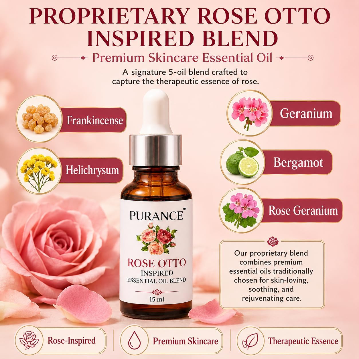 PURANCE™ Rose Otto Inspired Essential Oil Blend – Proprietary Botanical Blend with Helichrysum, Frankincense, Neroli, Geranium & Bergamot – Purely Therapeutic, 15ml