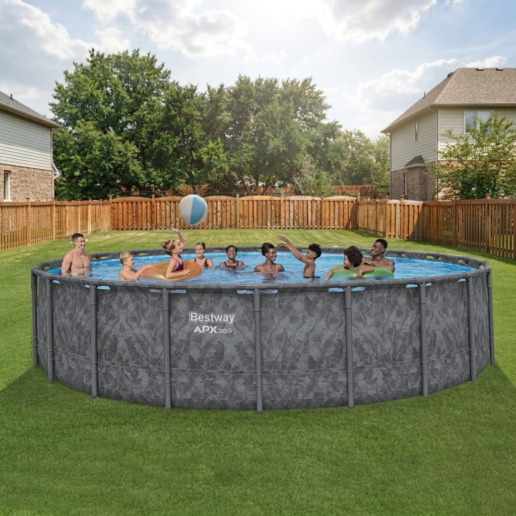 Bestway APX 365 22' x 52" Above Ground Pool, Round Metal Frame Outdoor Swimming Pool Set with Sand Filter Pump, Ladder, and Cover, Dark Marble