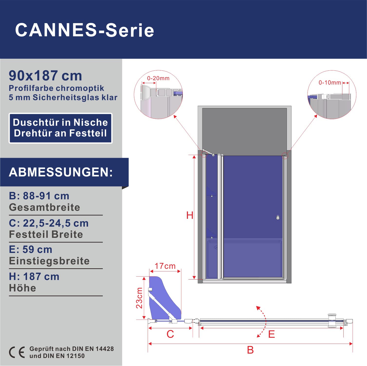Duschtür 90 cm Nische Nischentür Dusche Duschabtrennung Glas Drehtür Pendeltür Schwingtür Glastür Duschkabine mit Duschablage aus 5mm ESG Sicherheitsglas Verstellbereich von 88-91 cm Höhe 187 cm