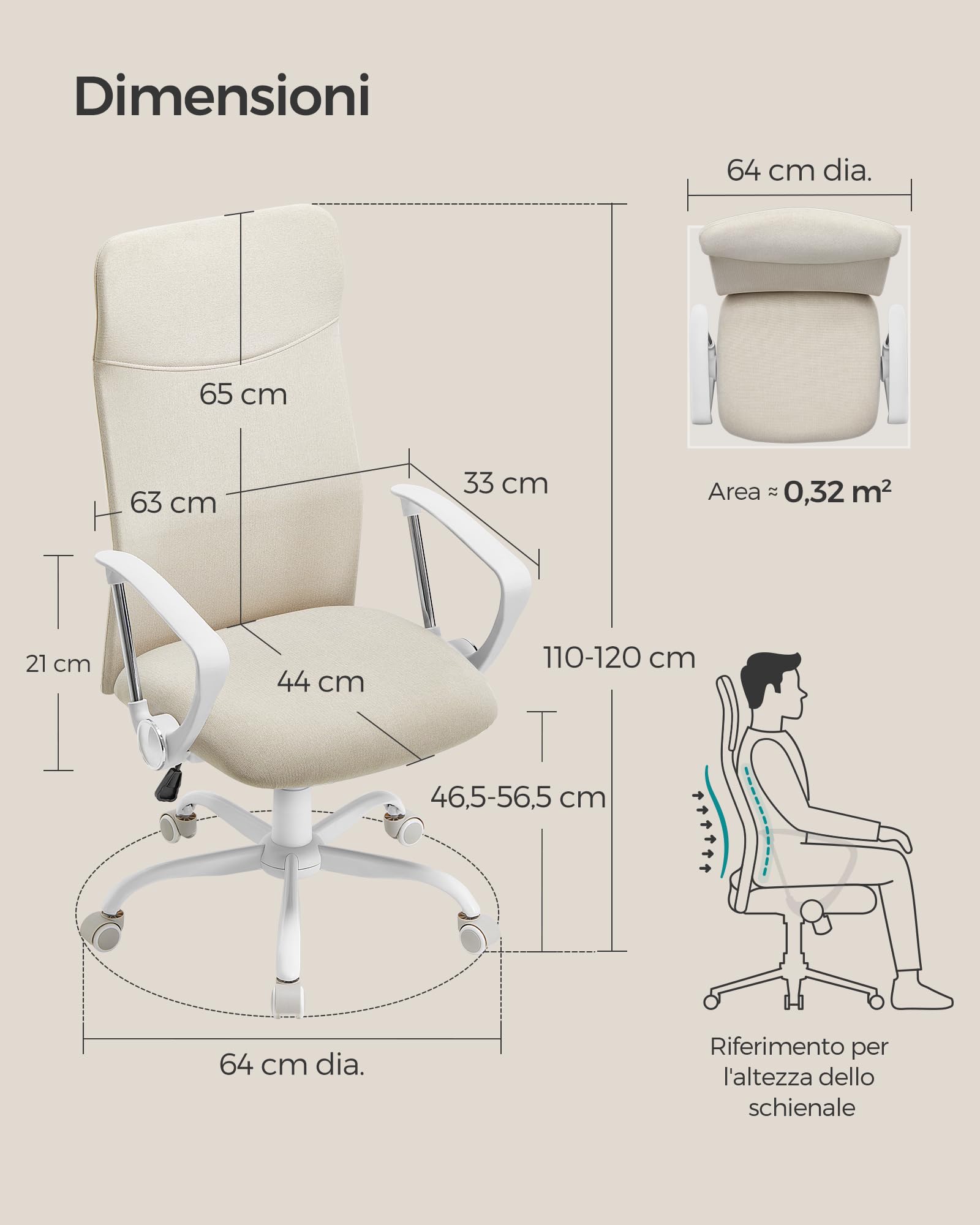 SONGMICS Sedia da Ufficio, Sedia da Scrivania Ergonomica, Girevole, Seduta Imbottito, Regolabile in Altezza e Inclinabile, Portata di 120 kg, Beige Cappuccino OBN034K01