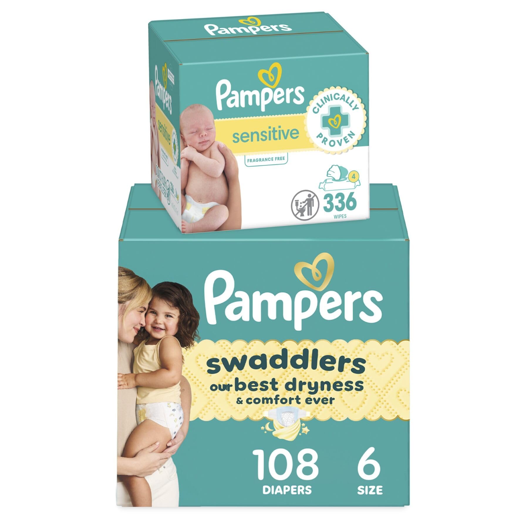 PampersSwaddlers Disposable Baby Diapers Size 6, 108 Count with Sensitive Water Based Baby Wipes 4X Pop-Top Packs (336 Count)