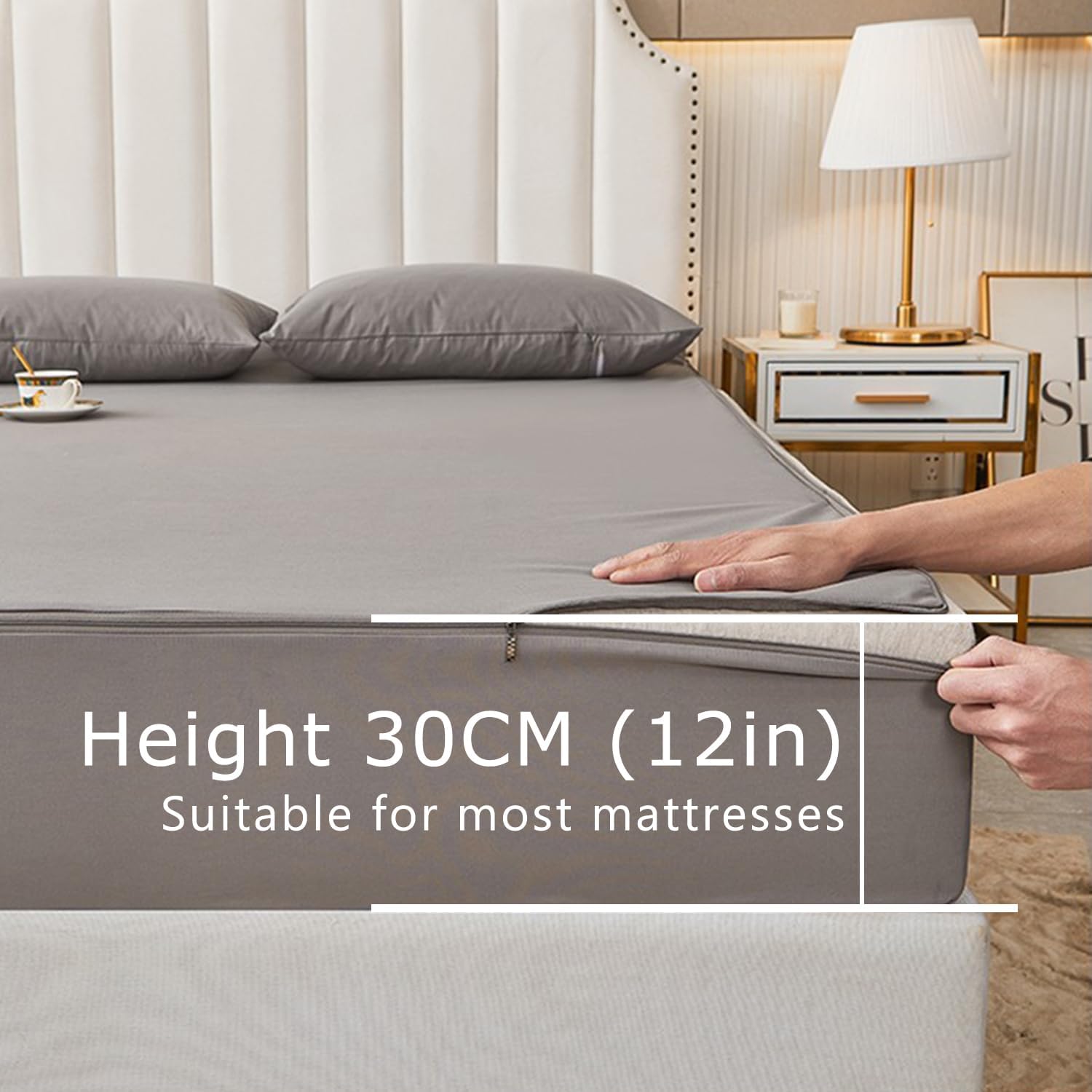 Solid Color Waterproof Fitted Sheet Queen Mattress Protector Soft Zippered Cover with Pillowcase and Machine Washable Deep Pockets,White,120 * 200+25cm