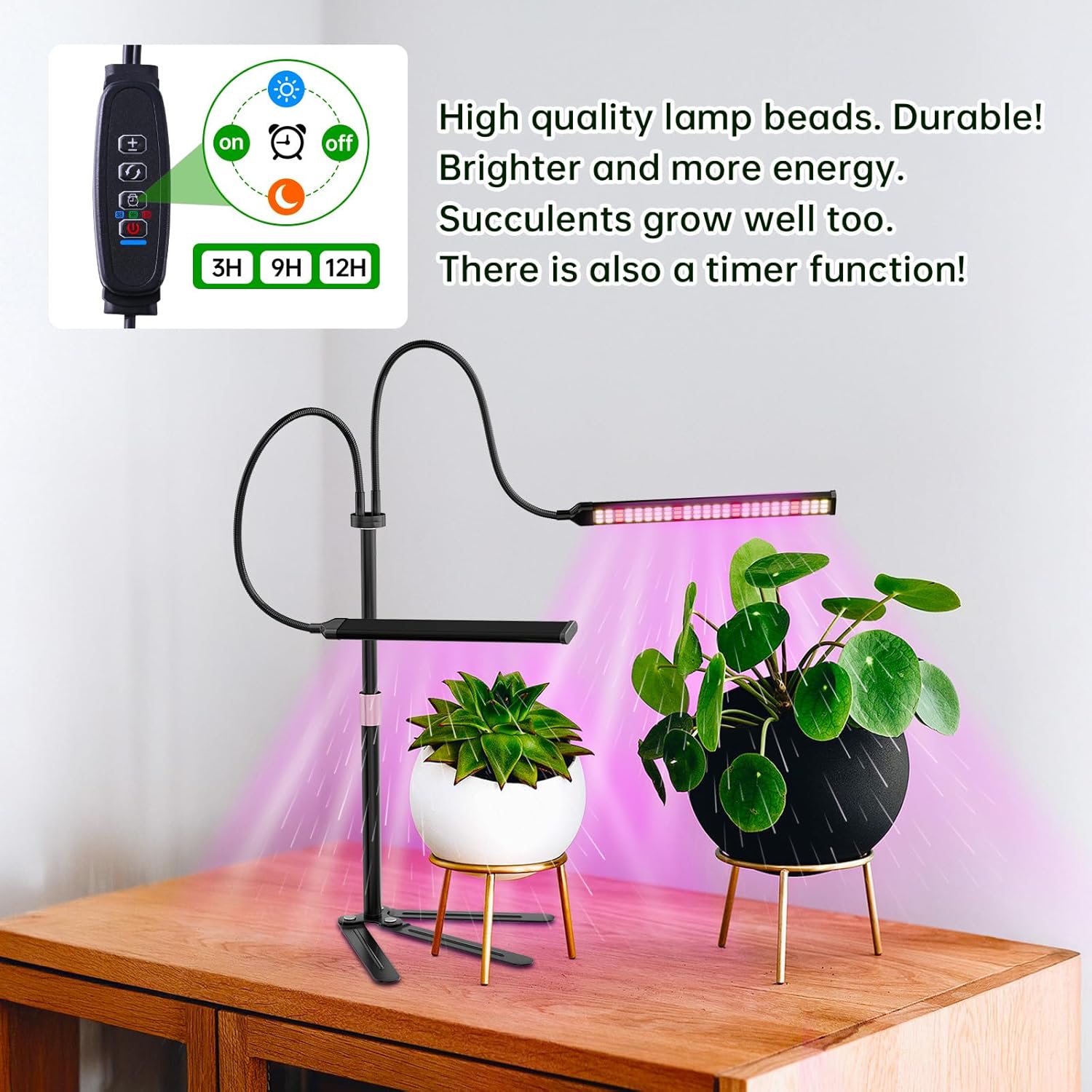 Super-Energy Tabletop LED Grow Lights 9.8"-32"Height Adjustable for Indoor Small/Medium Plants 6000K Full Spectrum with 3 Dimmable Model,Auto On Off Timing 3 9 12Hrs,5 Brightness(2Strip Black)