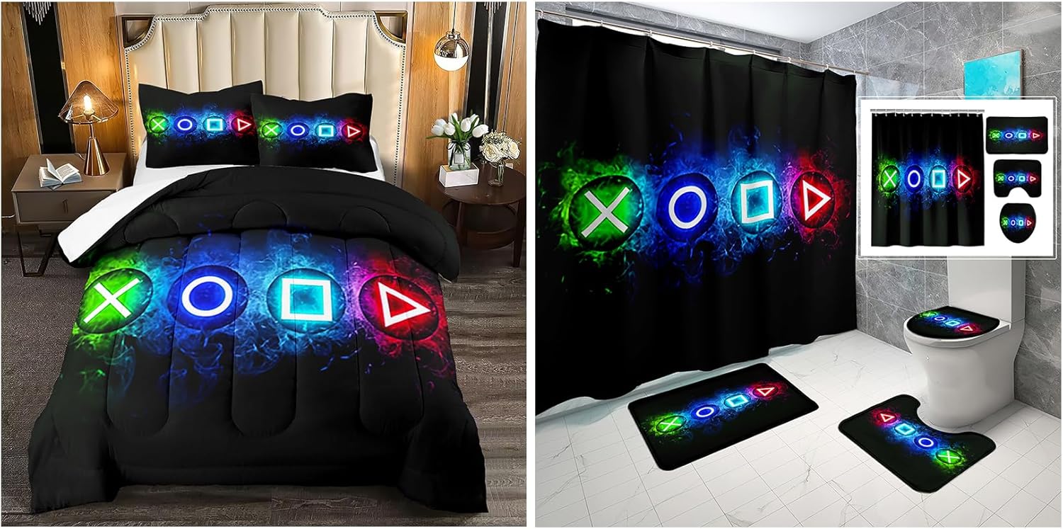 Gamer Comforter Sets for Boys Twin+ Gamer Shower Curtains