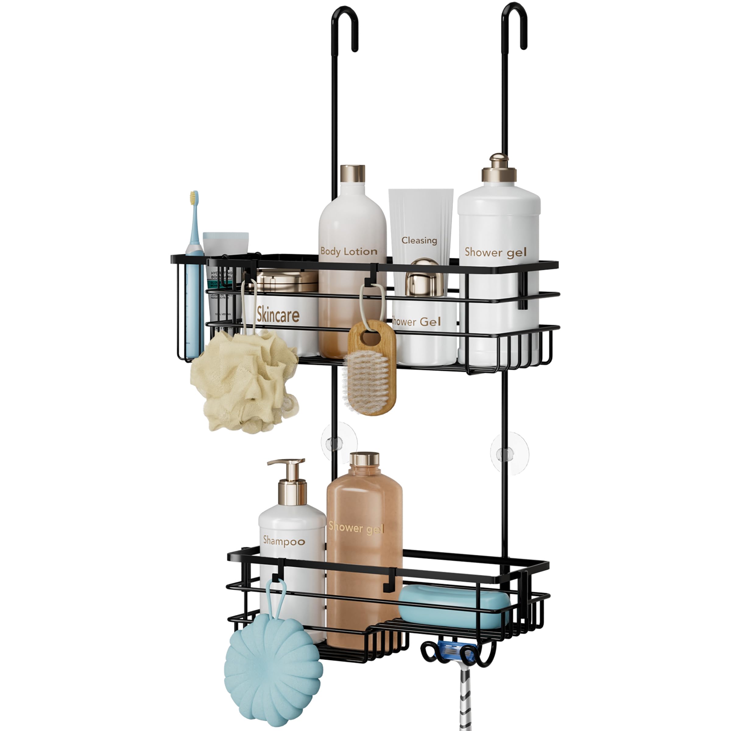 HapiRm Hanging Shower Caddy Organizer - No Drilling Shower Shelves with Hooks and Toothbrush Holder Rustproof 304 Stainless