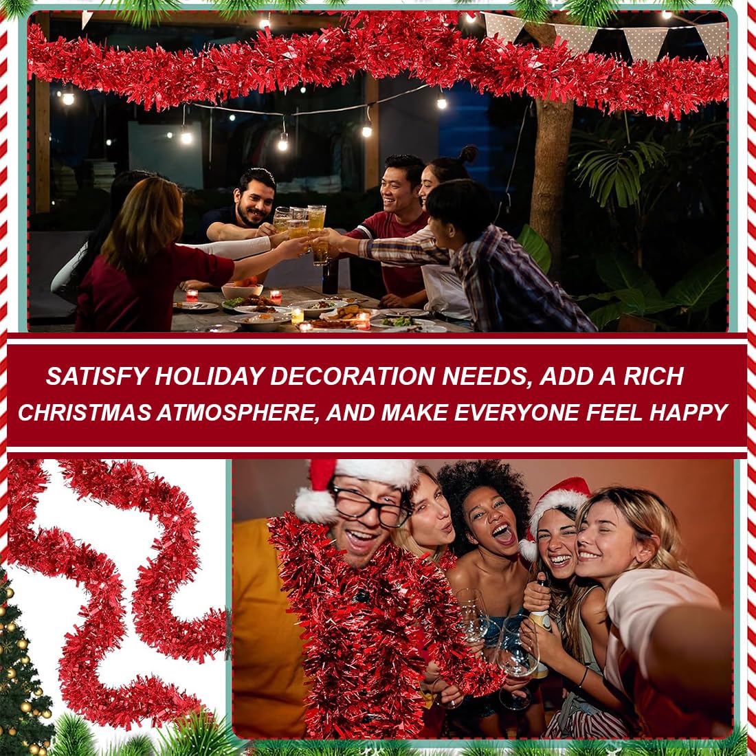 4 Piezas Espumillón de Navidad, Metálico Oropeles Brillantes Decoración, 2M, Guirnalda Brillante Metálica Decoraciones, para Árbol de Navidad Boda Fiesta Festival, Rojo
