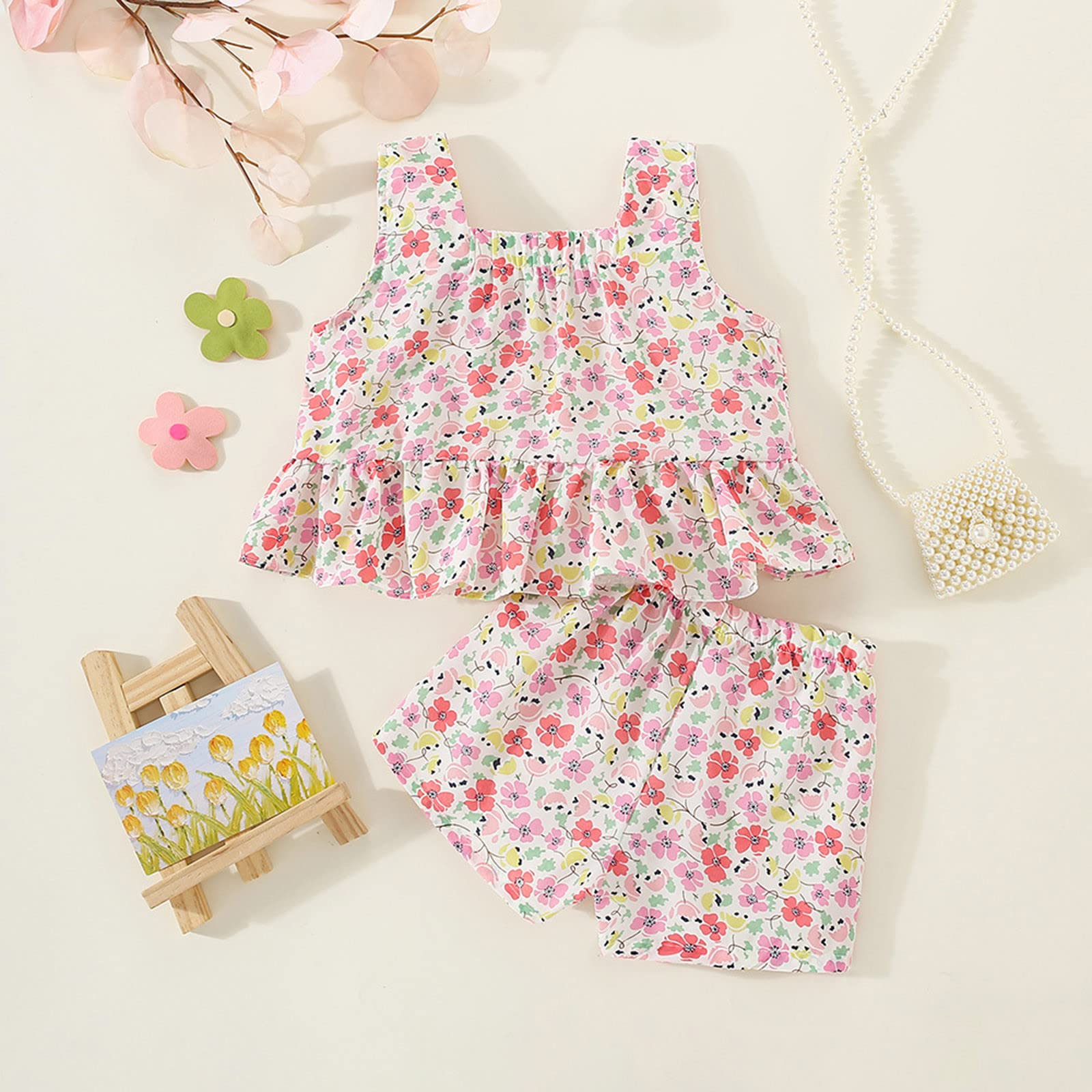 Toddler Girl Summer Outfits – 2-Piece Ruffle Sleeveless Top & Shorts Sets, Floral & Boho Styles