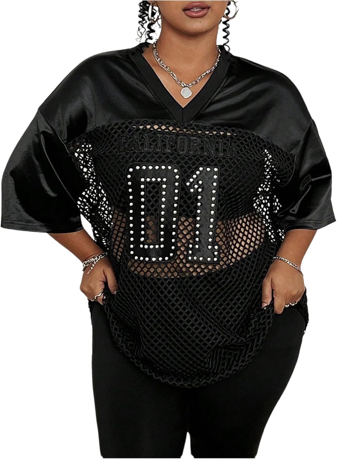 SOLY HUX Women's Plus Size Jersey Shirts Lace Sheer V Neck Half Sleeve Number Graphic Tees Casual T Shirt