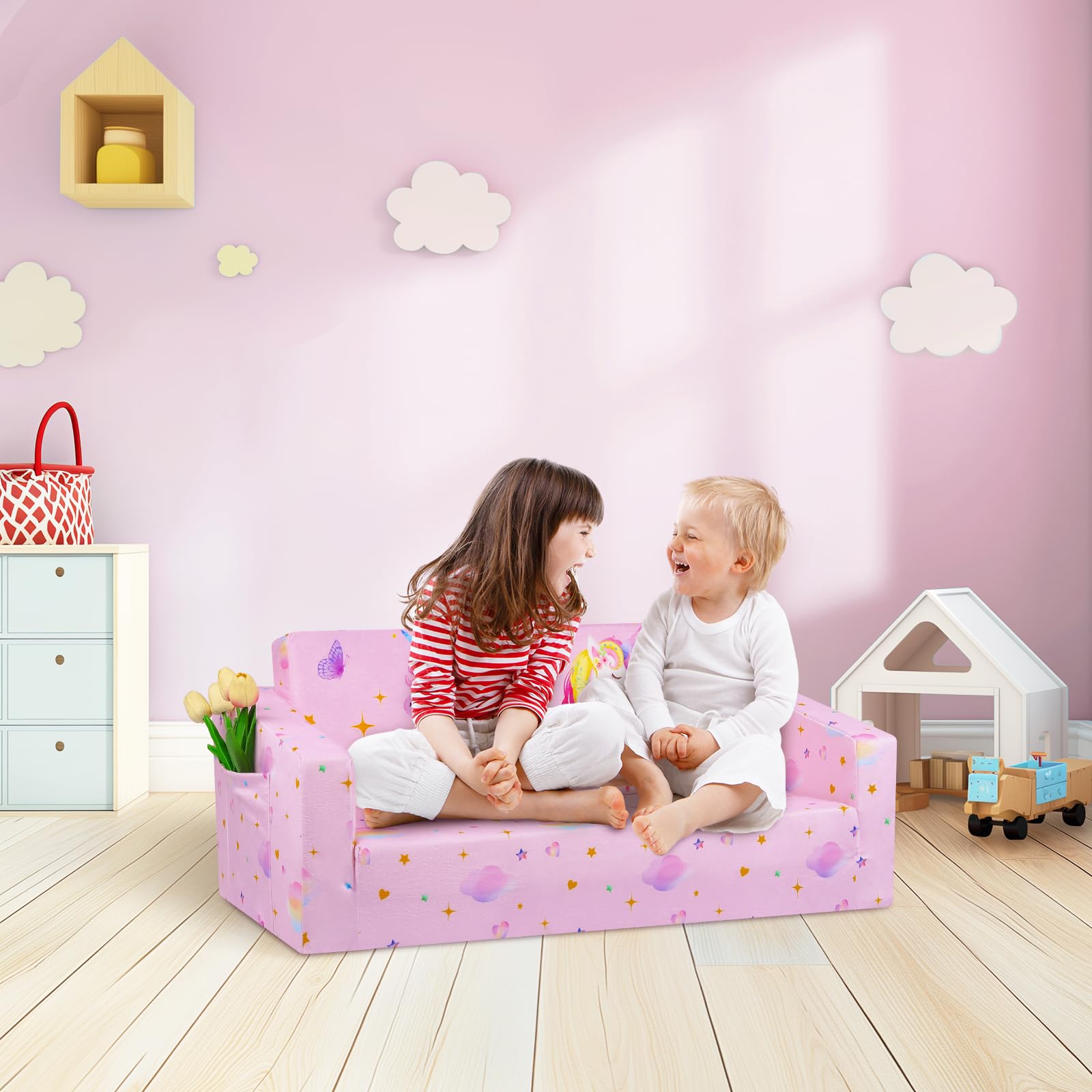 decalsweet Kindersofa Ausziehbar Klappsofa 2 in 1 Extra Große, Kindercouch mit Stofftasche und rutschfeste Matte für Mädchen Jungen, Kindersessel Spielsofa Wohnzimmer Kinderzimmer, Regenbogen Einhorn