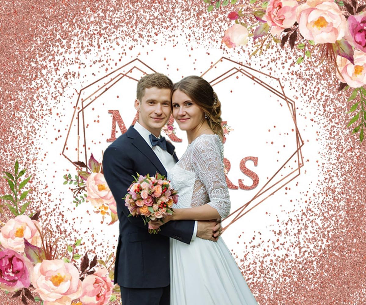 Mr and Mrs Wedding Backdrop 10x8ft Rose Gold Glitter Bridal Shower Wedding Photography Background Large Party Decorations Portrait Shoot Photoshoot Background