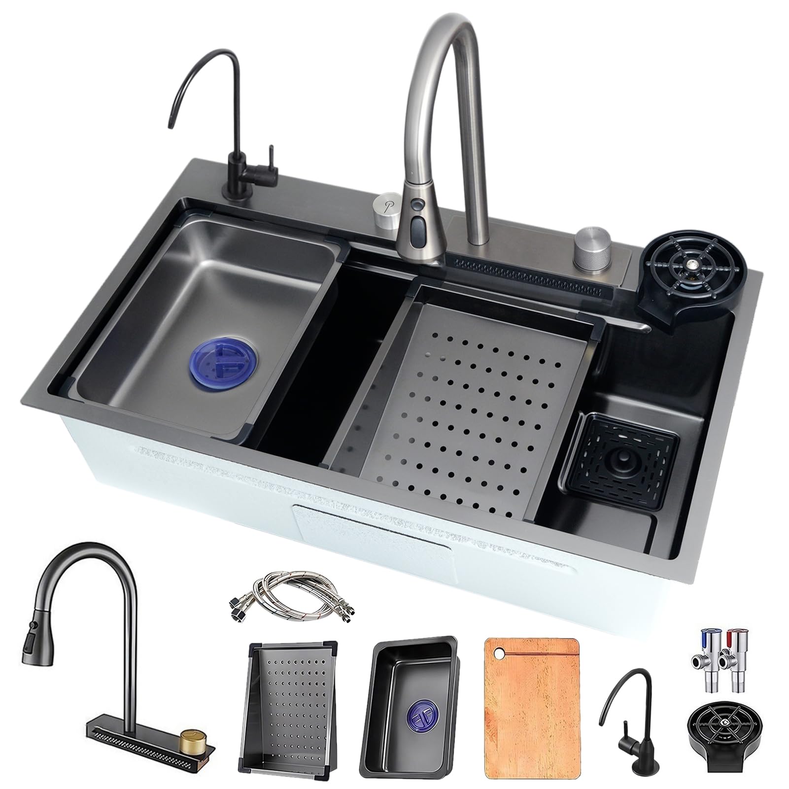 YADZISW Large 65x50 cm Stainless Steel Single Sink - Multifunctional Waterfall Kitchen Bar Workstation with Extendable Tap & Drainage Accessories for Effortless Cooking Cleaning