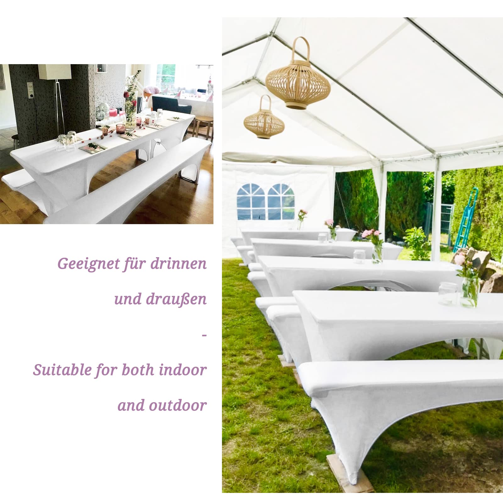 Pesonlook Zwei 3er-Sets Biertischhusse, Weiß Stretch Biertisch und Bankgarnitur Husse für 50 cm Tischbreite, Bierbankhusse, Bierzeltgarnitur 220 x 50 x 80 cm für Bankett Gartenmöbel