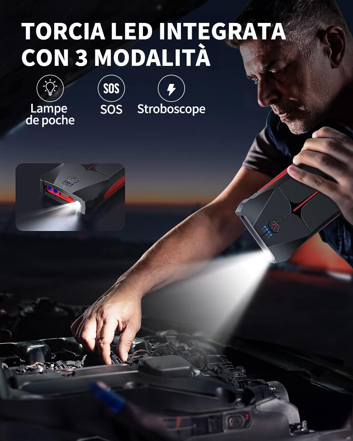 FLYLINKTECH Avviatore Emergenza per Auto- 2500A 13200mAh Avviatore Portatile per Motore Benzina, Impermeabile IP67, fino a 6,0L Ges o 5,0L Diesel, 12V Jump Starter, Torcia a LED