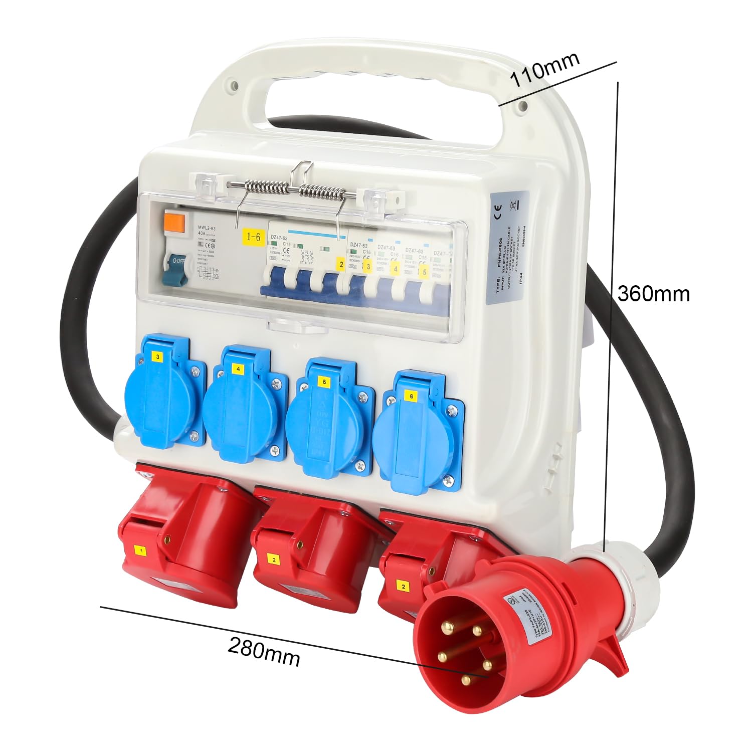 Herrselsam Baustromverteiler mit FI Schutzschalter, 1x CEE 32A + 2xCEE 400V/16A + 4x230V Schuko Steckdosen, Wandverteiler mit Leitungsschutzschalter, IP44 Wasserdicht mit Sicherheitsklappdeckeln