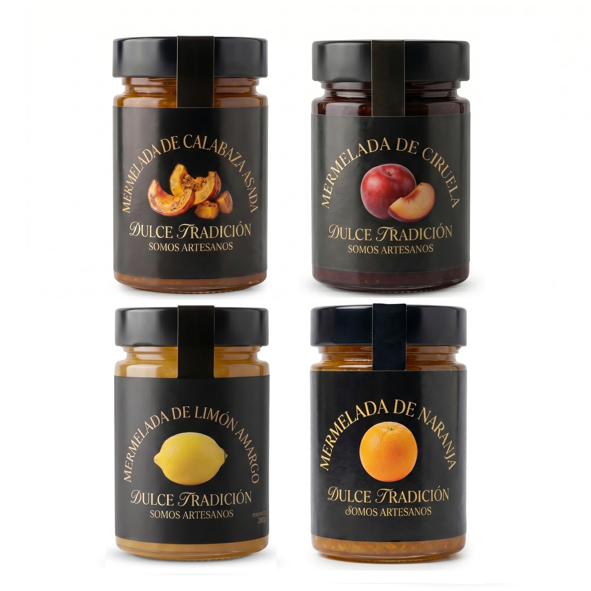 Confiture Dulce Tradición. Fabrication artisanale. Lot de 4 pots de 390 gr, potiron rôti, citron amer, orange et prune. 63% de fruits frais de saison. Sans conservateurs ni colorants.