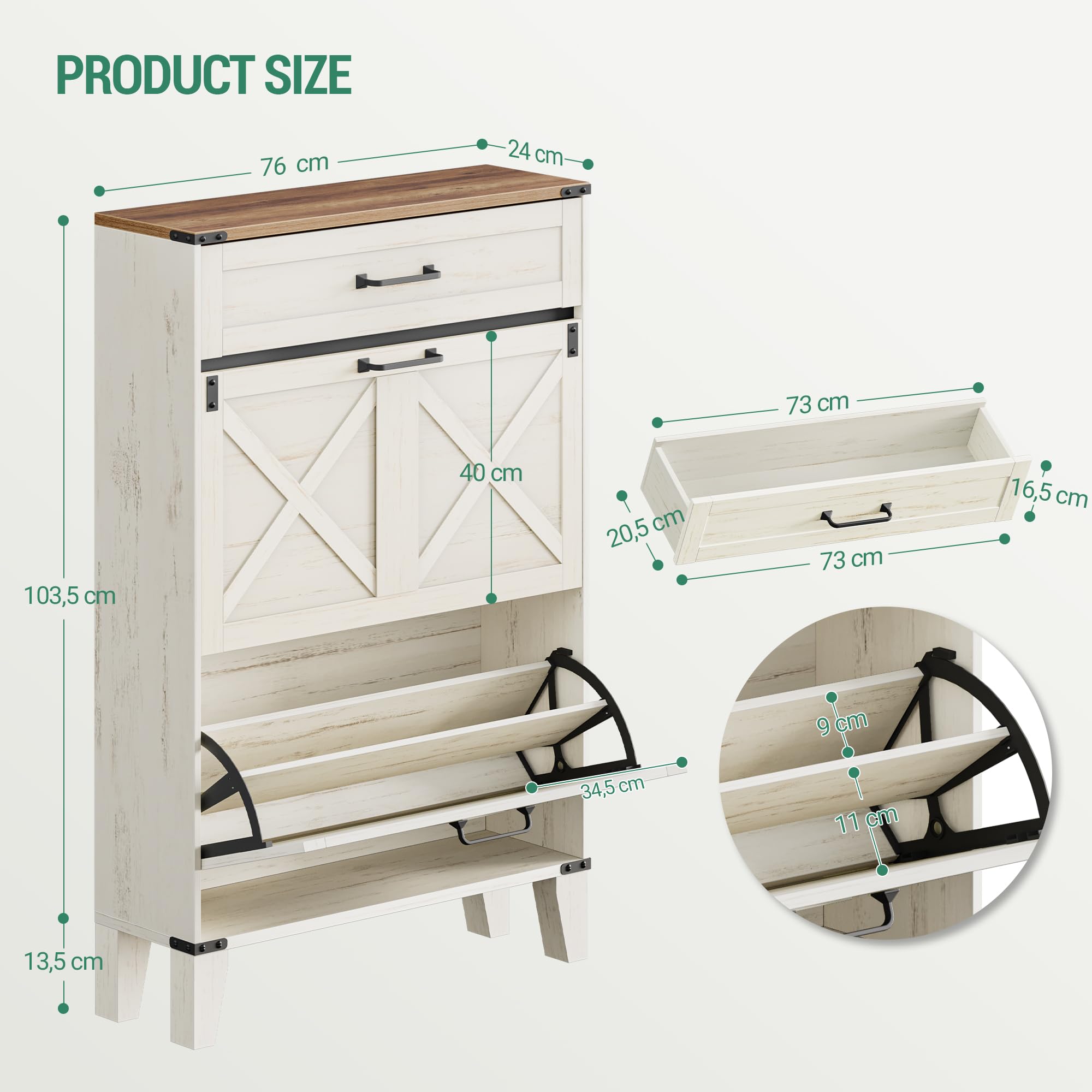 Hzuaneri Schuhschrank mit 2 Klappen, Schuhregal Schuhkipper Schmal, 1 Große Schublade, Verstellbar, 16 Paar, Schuhaufbewahrung für Eingang, Flur, Garderobe, 24 x 76 x 117 cm, Braun und Weiß SR59014X