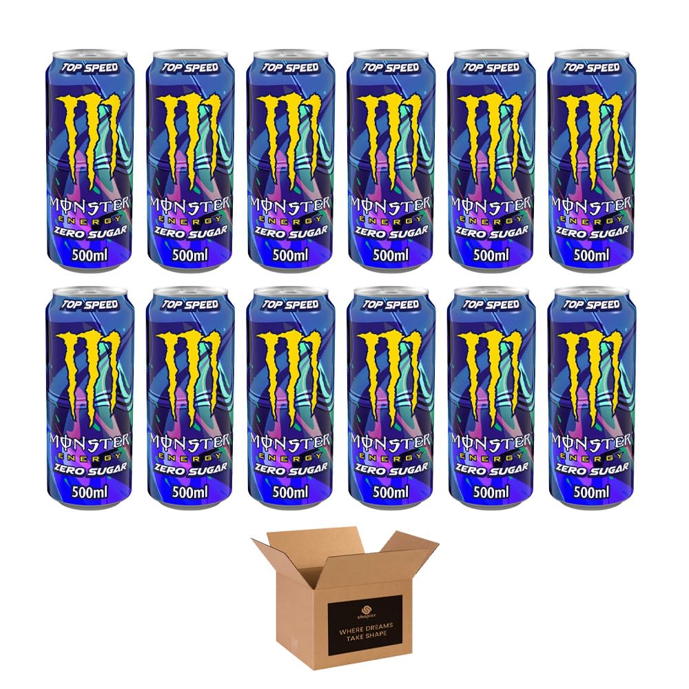 Monster Energy Drink Flavours | Juiced, Zero Sugar, Ultra, Monarch, Fiesta Mango, Strawberry Dreams, VR46, Punch | High Caffeine Sports Energy Drink | 500ml (Pack 12, Top Speed)