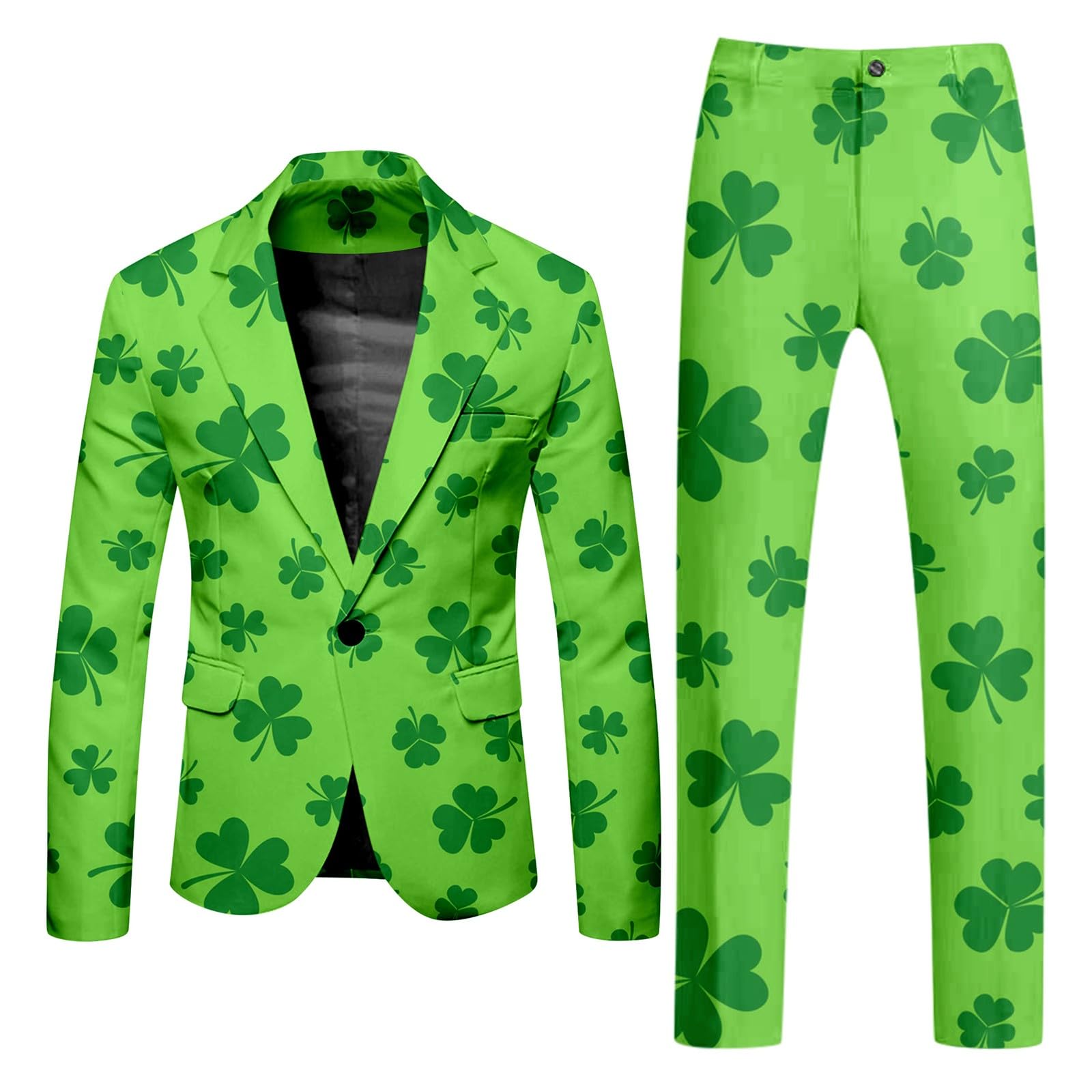 Mens St. Patrick's Day Formal Suit Set, 2-Piece Irish Clover Printed Blazer with Lapel & Wide Leg Trousers, Shamrock Fancy Dress Outfit Elegant Green Theme Costume Attire for Spring Party