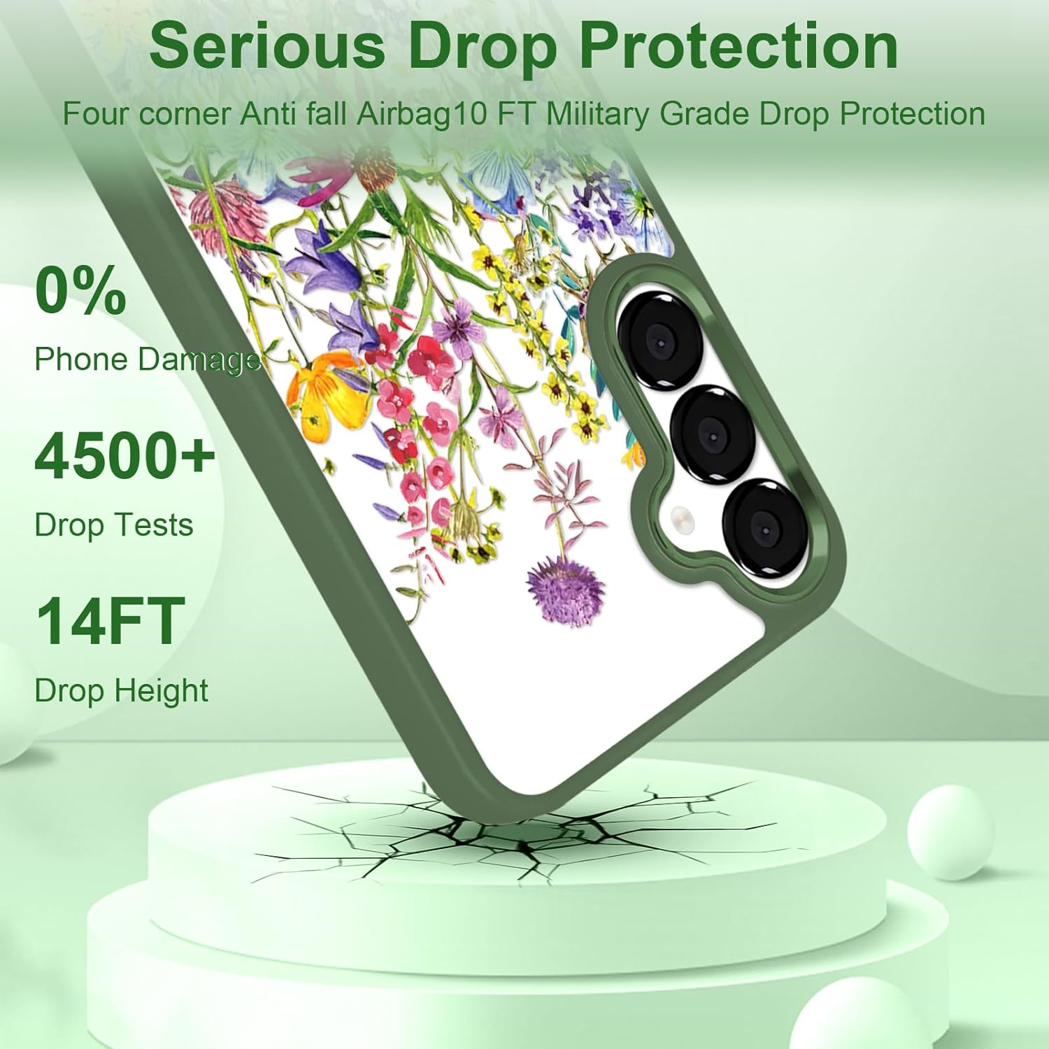 for Samsung Galaxy A16 5G Case（6.7 inch） with Tempered Glass Screen Protector Slim Soft TPU & Hard PC Crystal Clear Cover, Elegant Cute Floral Pattern Design for Girls Women-Blossoms/Green - Image 6