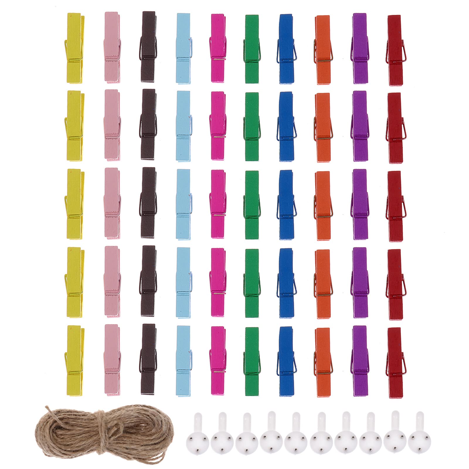 JK Home 50pcs Mini Wooden Clips, 3.5cm Multicolour Photo Pegs Clothespins with 10m Jute Twine for Decorative Photo Wall, DIY Decorations, Tiny Wooden Clothes Pegs for Arts Crafts