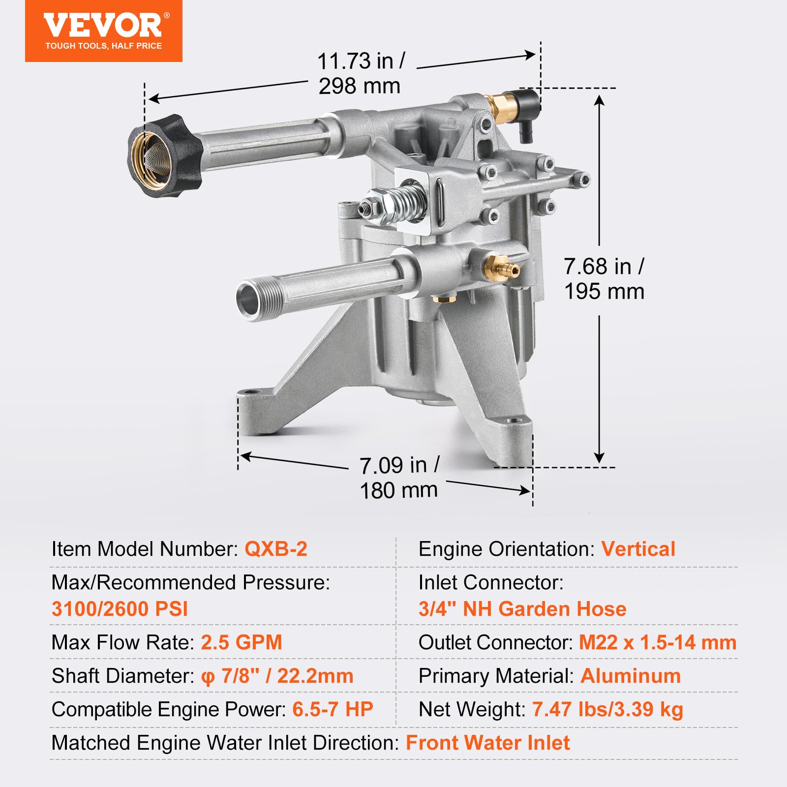 VEVOR Bomba para Hidrolavadora con Eje Vertical de 22,2mm 3100 PSI 2,5 GPM, Kit de Repuesto para Hidrolavadora con 5 Boquillas, Herrajes y Tubo de Sifón, Compatible con Honda, Troy Bilt, PowerStroke
