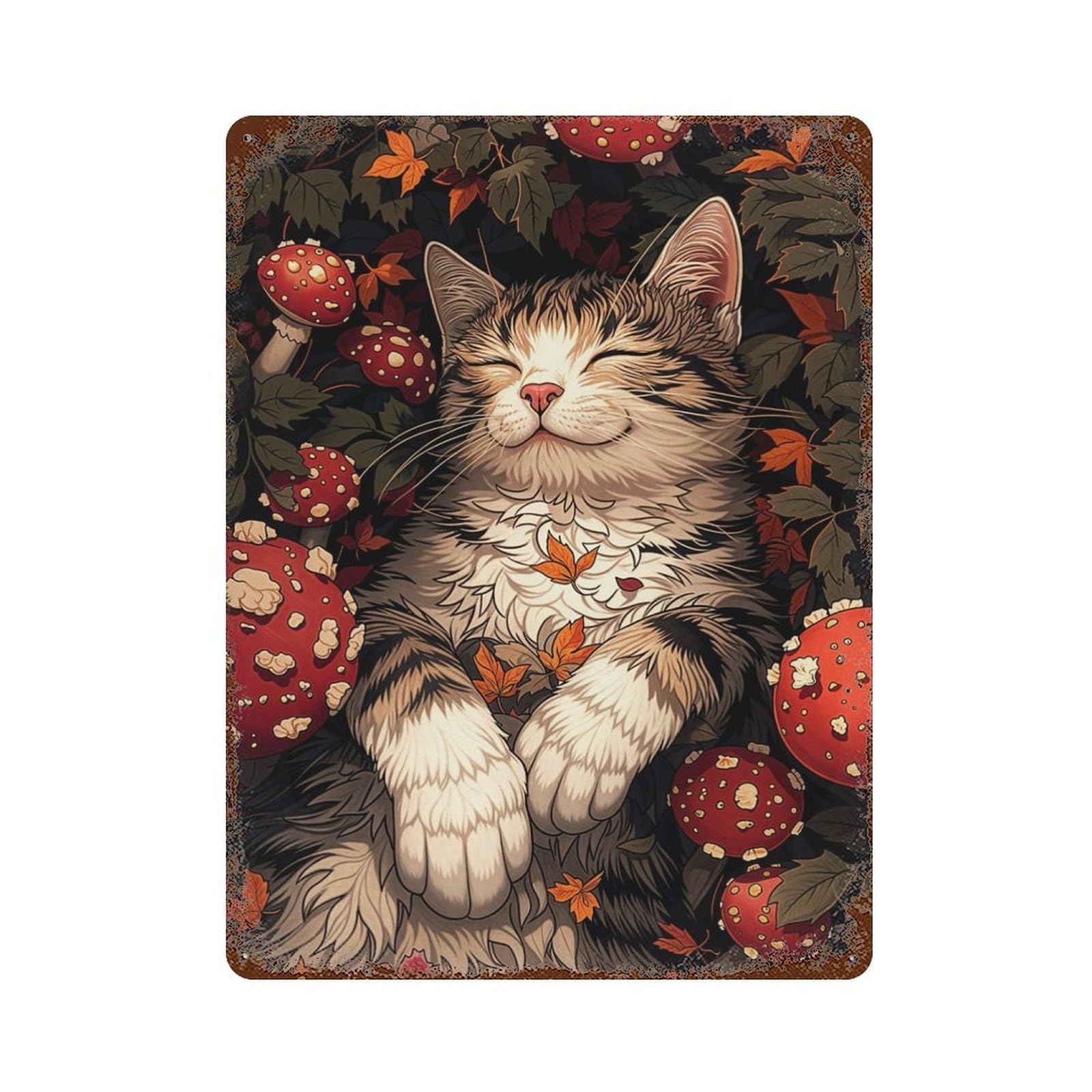 Cat Sleeping in Autumn Leaves Distressed Metal Wall Sign 15.7"x11.8", Industrial Home Decor for Garage, Pub Or Kitchen