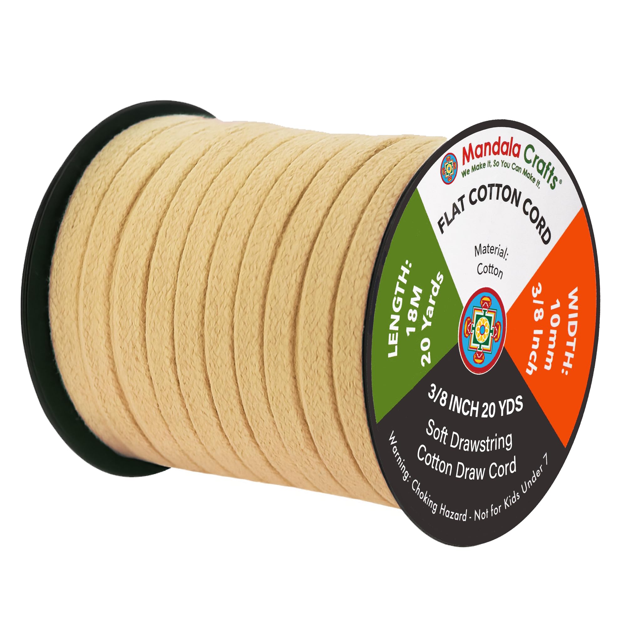 Mandala Crafts Khaki Flat Drawstring Cord Replacement, 3/8 Inch 20 YDs Soft Cotton Draw Cord for Hoodie Sweatpants, Drawcord Replacement