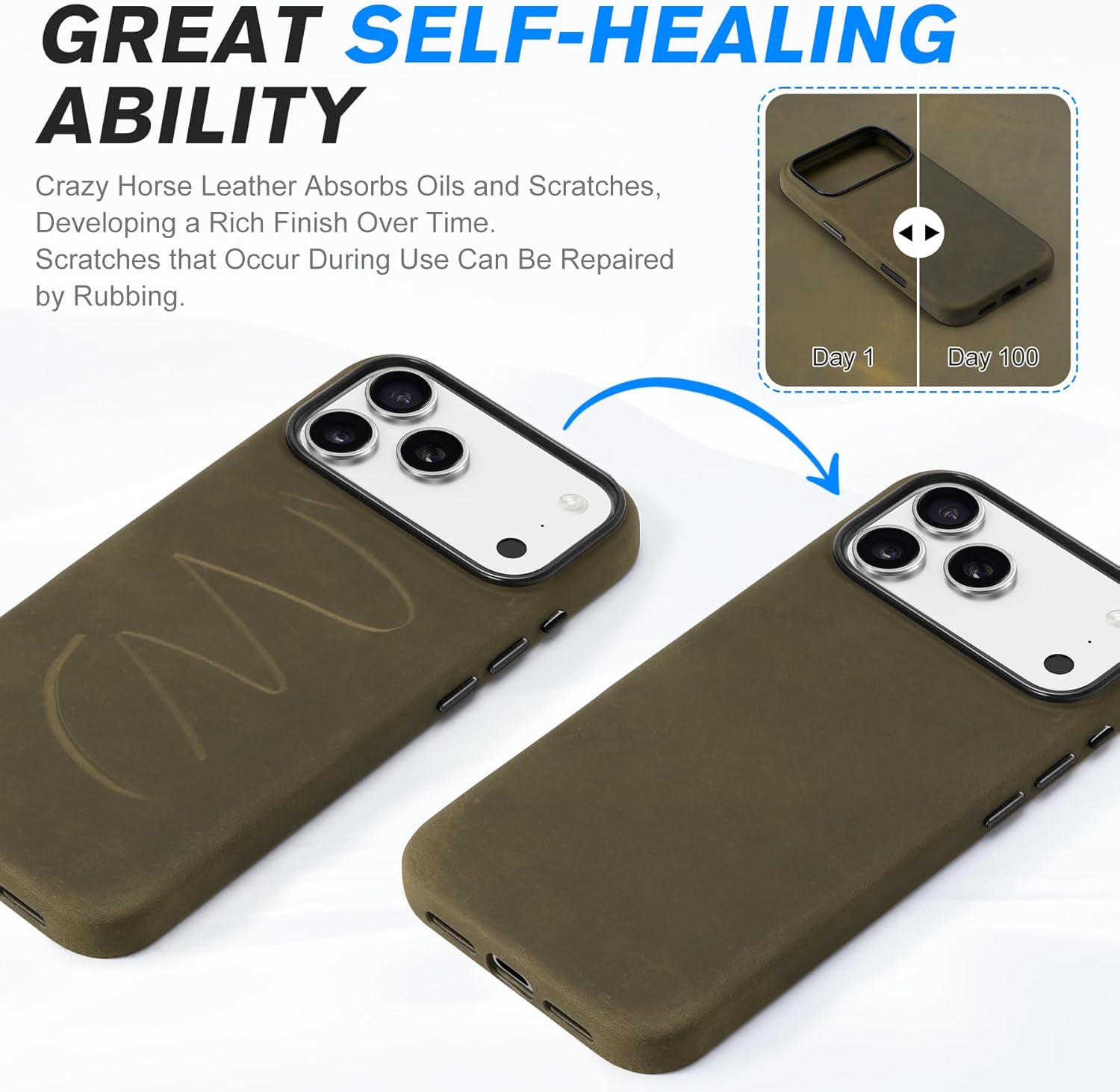 SHIELDON Top Grain Crazy Horse Leather Case for iPhone 17 Pro Max 6.9" 2025, [Camera Button Updated], Compatible with Magsafe, Magnetic Wireless Charging, Metal Button, Slim Protective Cover - Khaki - Image 7