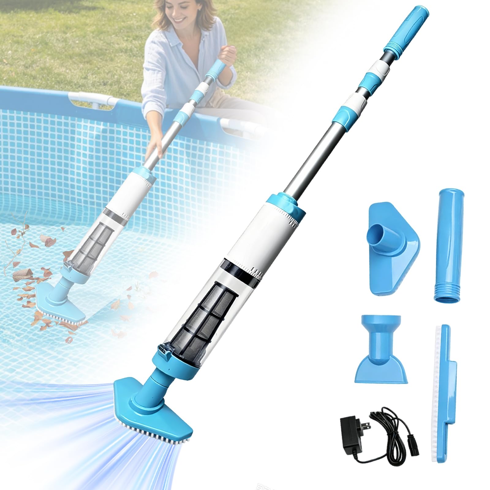 3 en 1 Aspirateur de Piscine sans Fil Aspirateur avec 165cm Perche Rétractable Nettoyeur Électrique à Batterie Rechargeable Portable Hors Sol Spirateur 90 Min D’Autonomie pour Piscine,Jacuzzi,Spa
