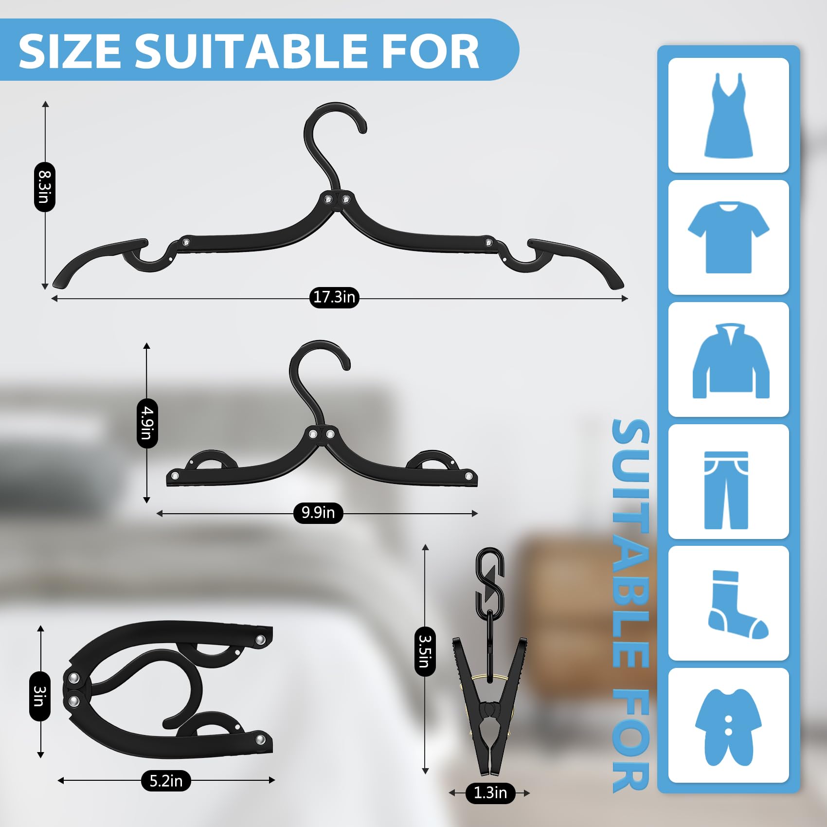 12Pcs Portable Travel Hangers for Cruise Ship Essentials 2025 with 24 Clips, Plastic Folding Foldable Hangers Clothes Drying Rack Travel Accessories for Suitcase, RV, Camping, Road Trip (Black)