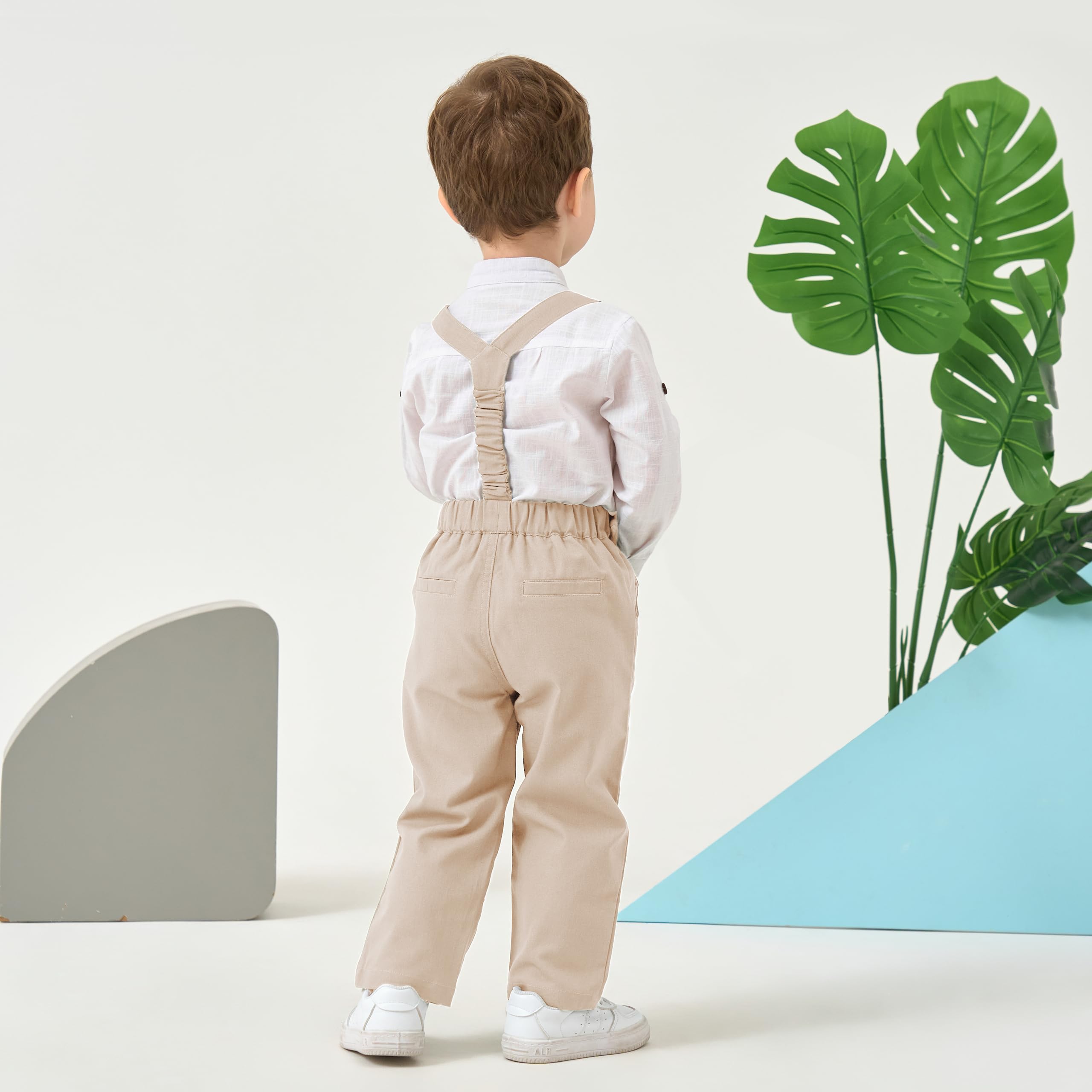 Volunboy Ensemble Costume Bébé Garçon, Coton Lin Cérémonie Formel Mariage 4 Pièces Noeud Papillon Chemise + Pantalon Bretelle