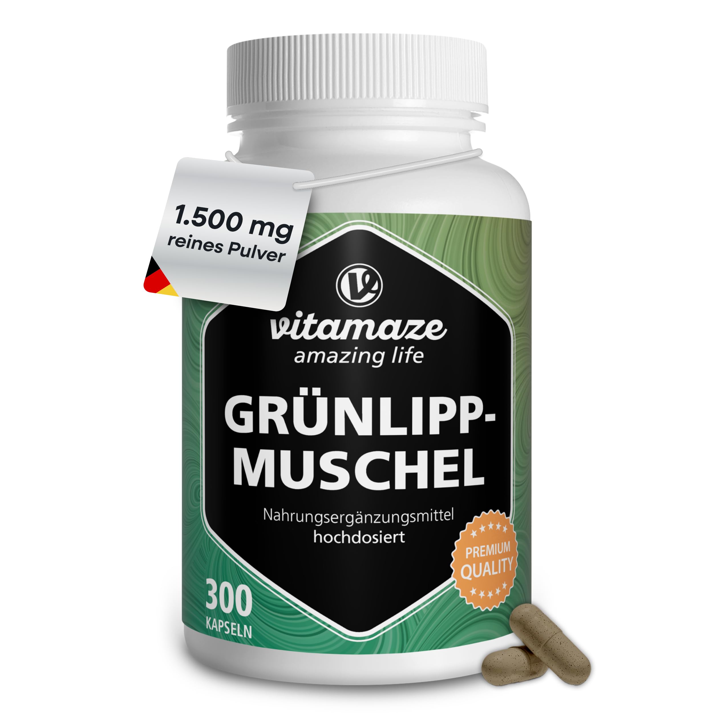 Vitamaze Grünlippmuschel Kapseln hochdosiert 1500 mg Grünlippmuschel Pulver aus Neuseeland pro Tagesdosis, 300 Kapseln. Natürliche Nahrungsergänzung ohne Zusätze, Made in Germany.
